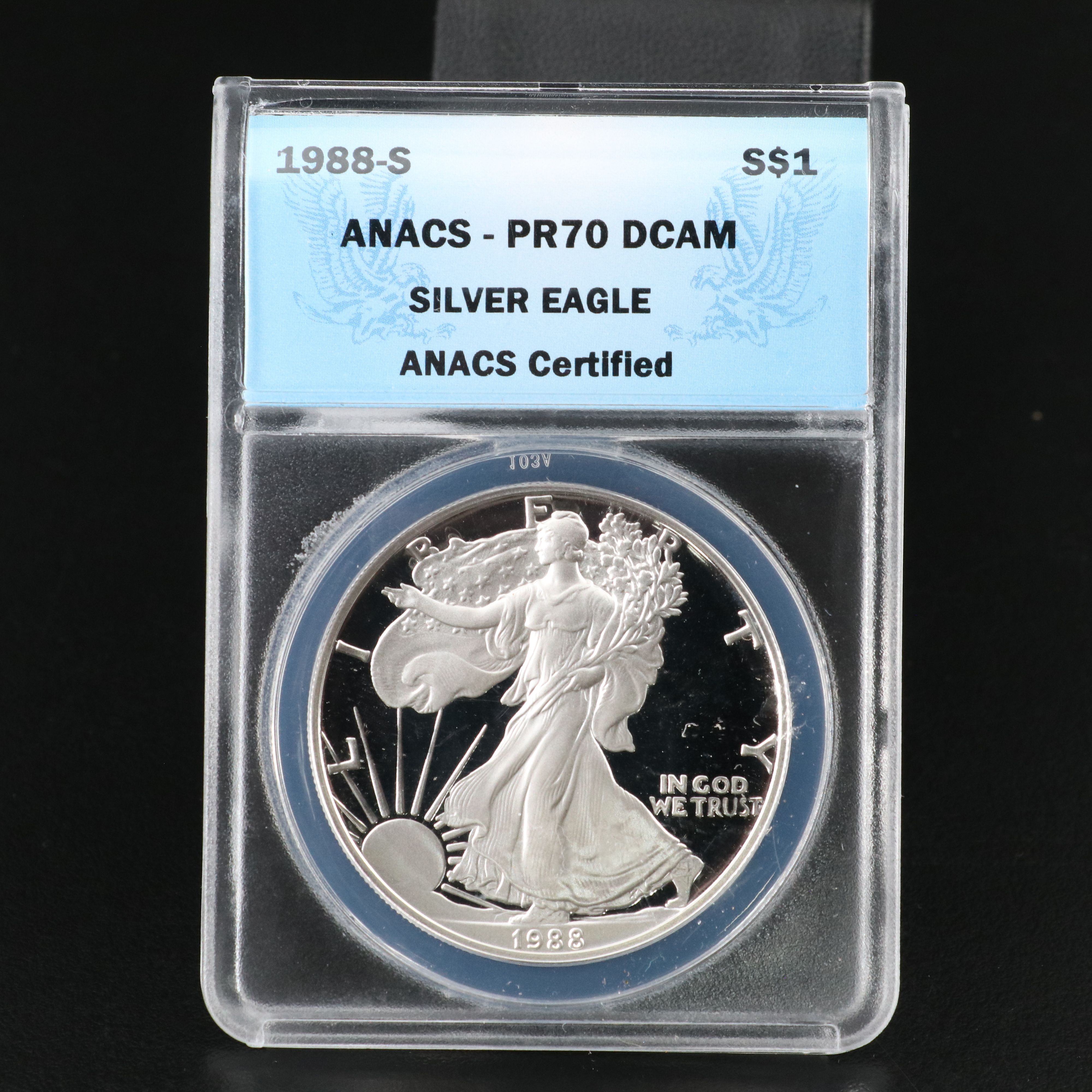 ANACS Graded PR70 DCAM 1988-S $1 U.S. Silver Eagle Proof Coin