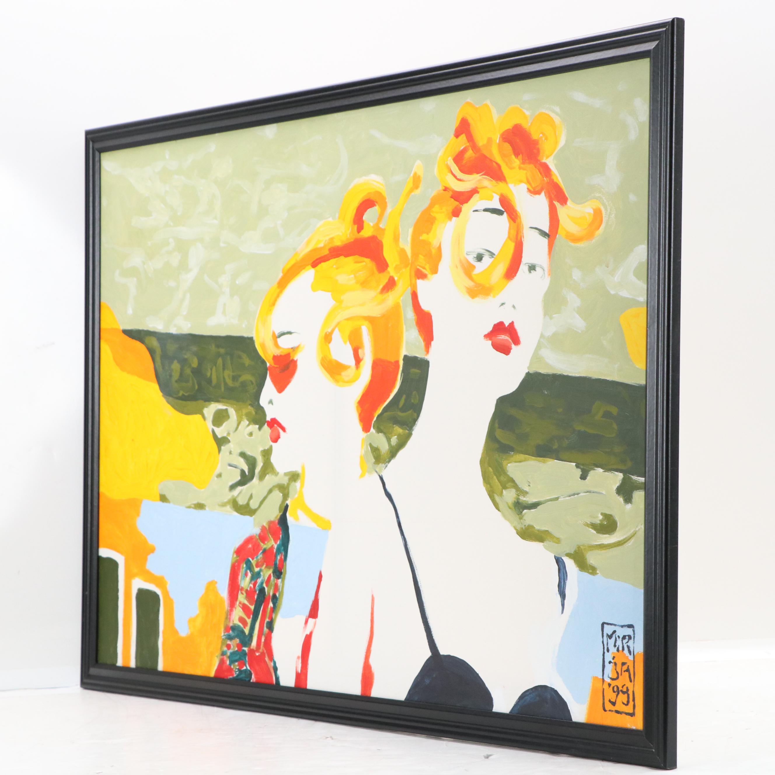 Stylized Figurative Acrylic Painting of Chic Women, 1999