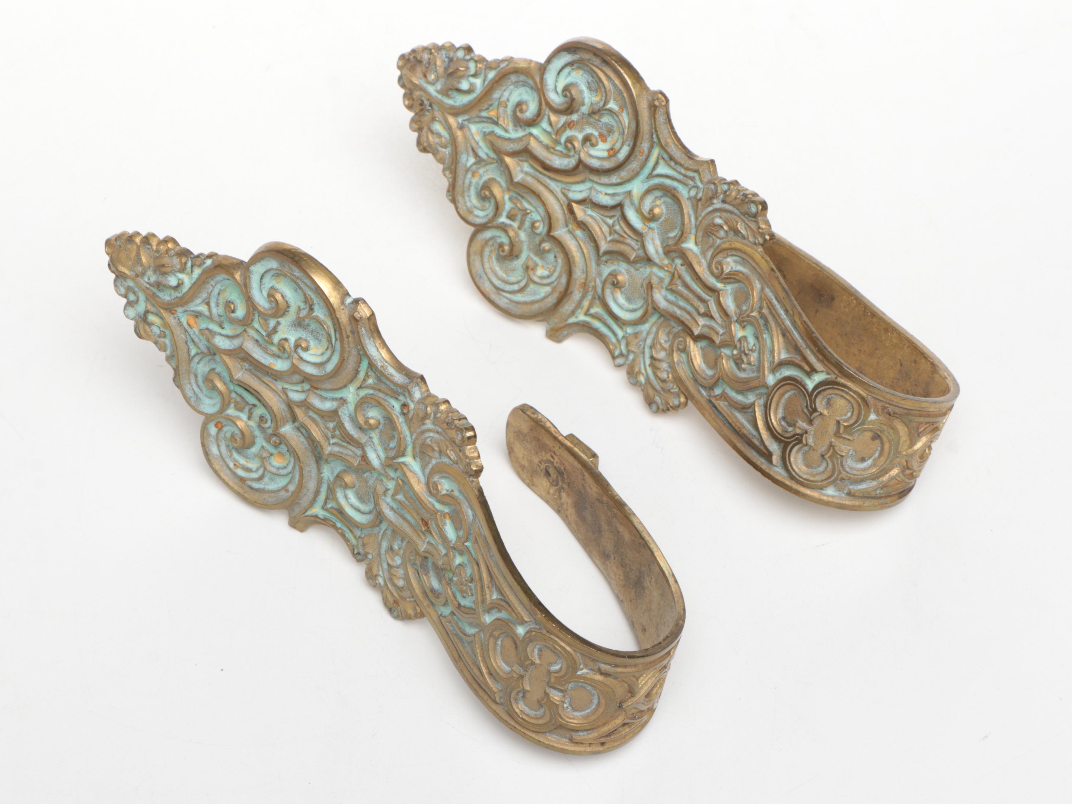 French Art Nouveau Style Fortuna Applique and Gothic Revival Curtain Holdbacks