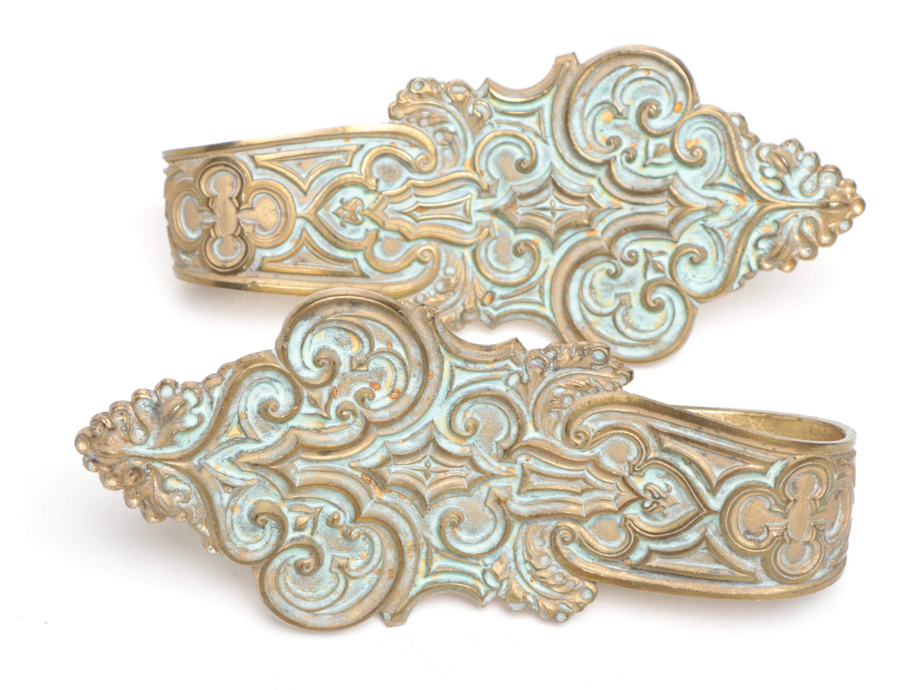 French Art Nouveau Style Fortuna Applique and Gothic Revival Curtain Holdbacks