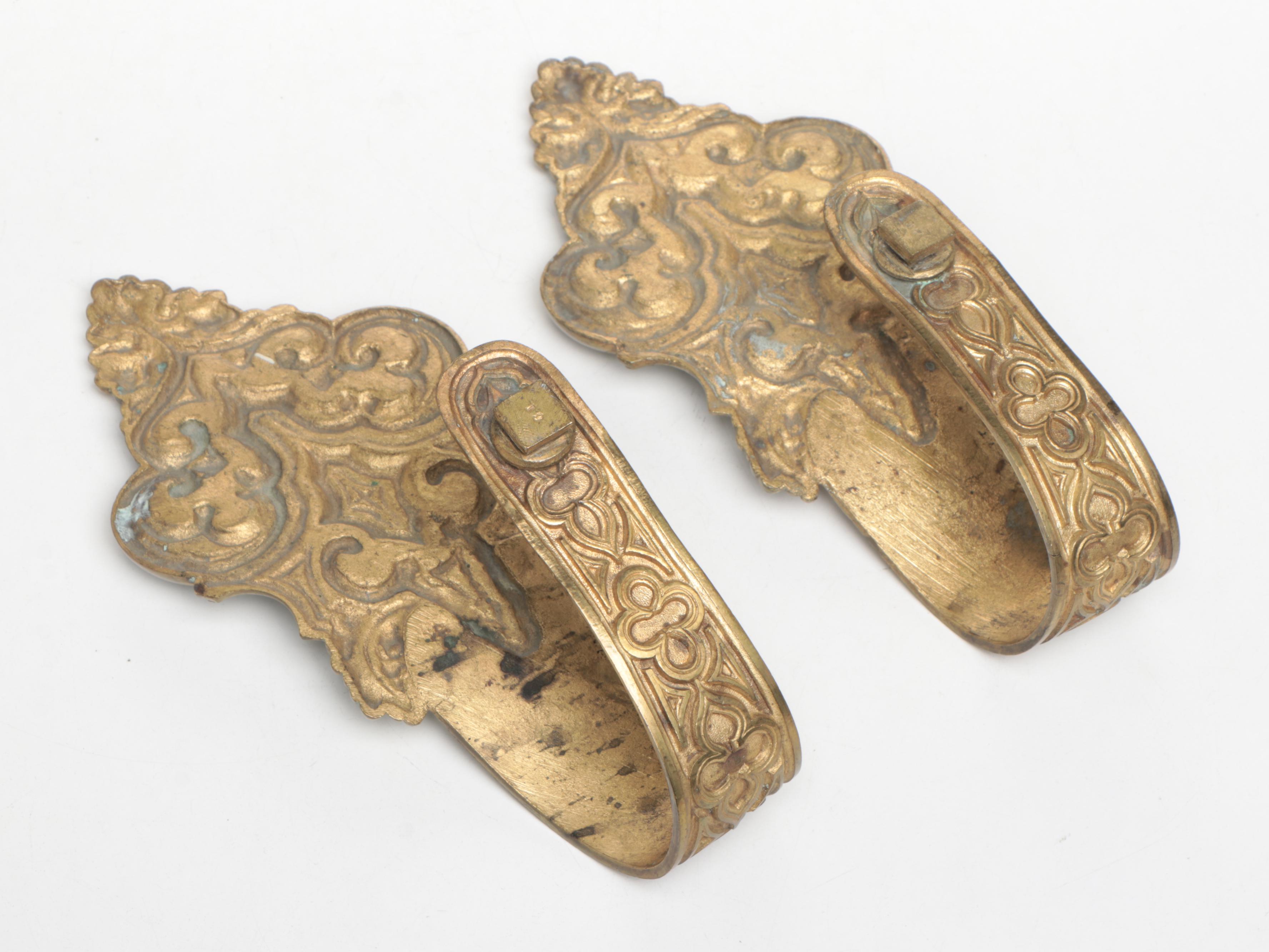 French Art Nouveau Style Fortuna Applique and Gothic Revival Curtain Holdbacks