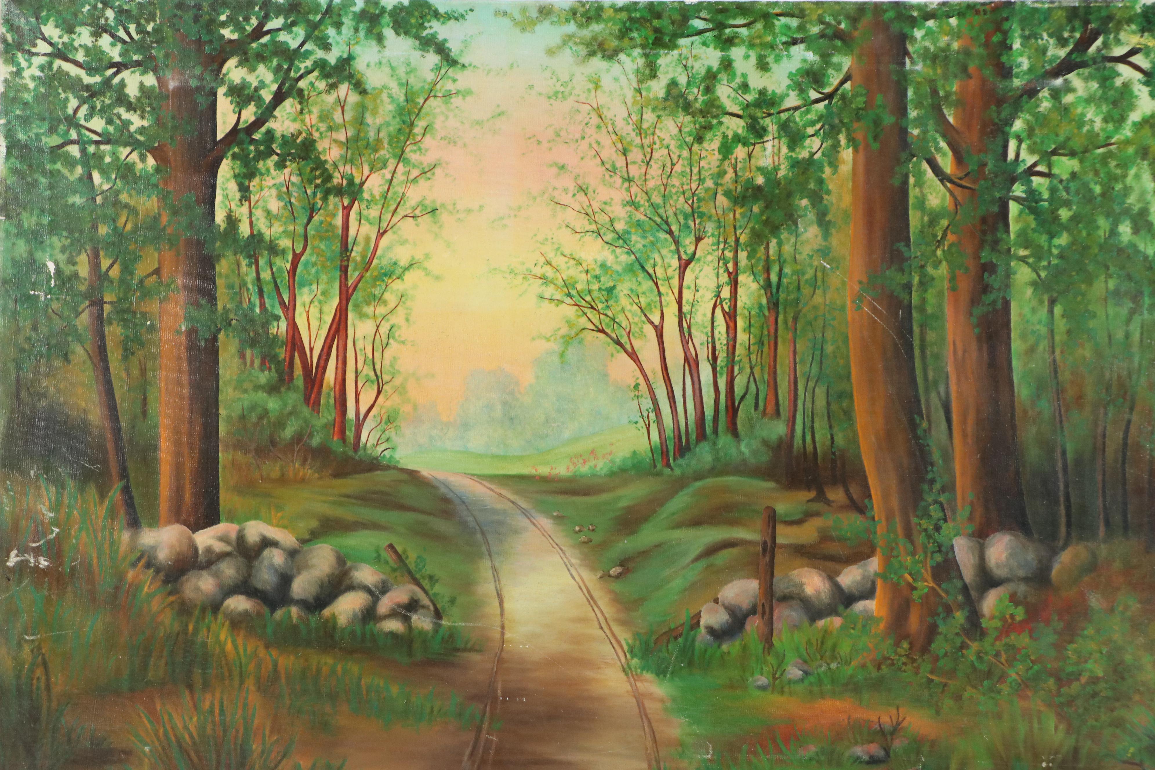 Wooded Landscape Oil Painting of Rural Cart Path, Circa 2000
