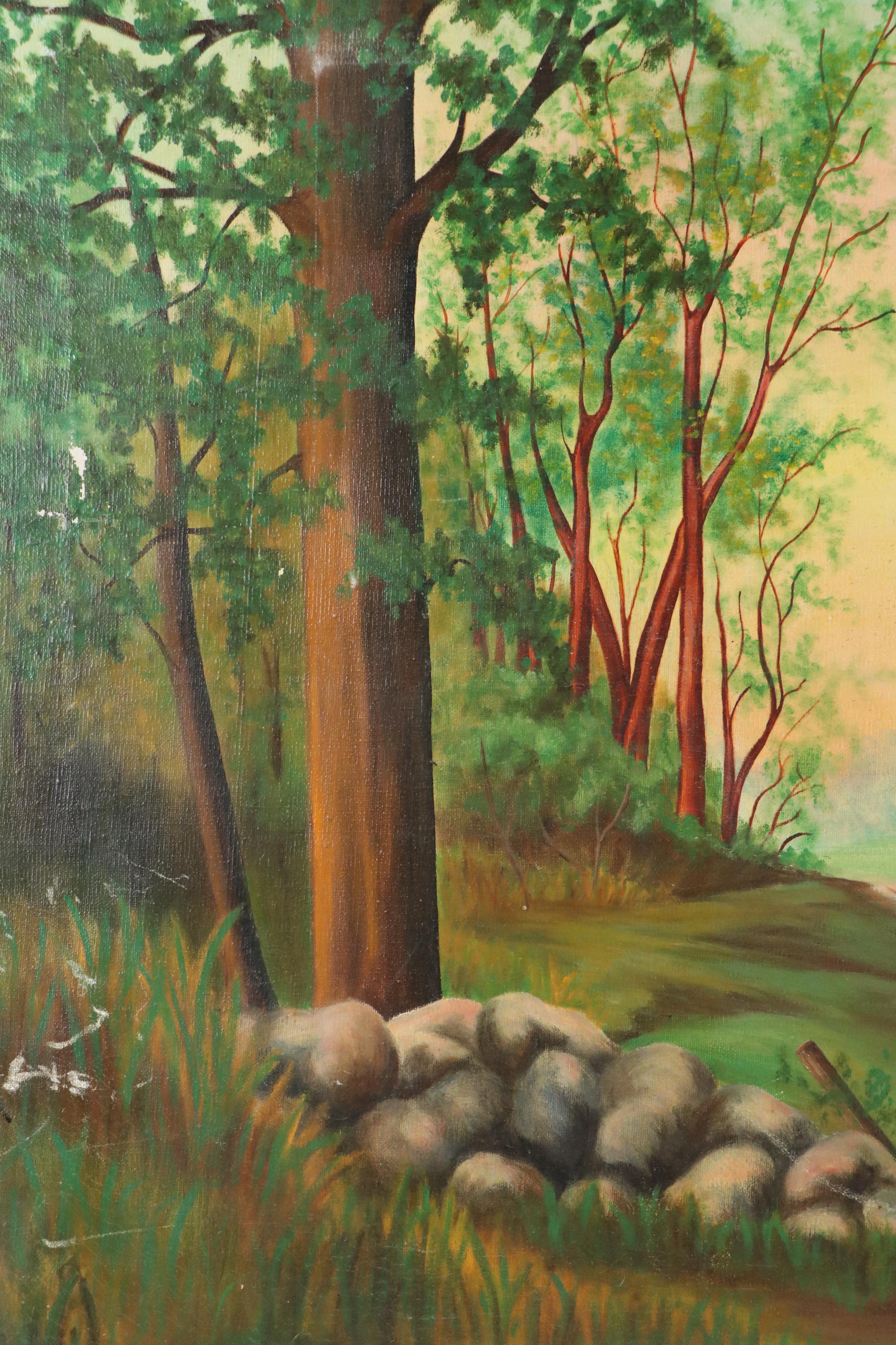 Wooded Landscape Oil Painting of Rural Cart Path, Circa 2000
