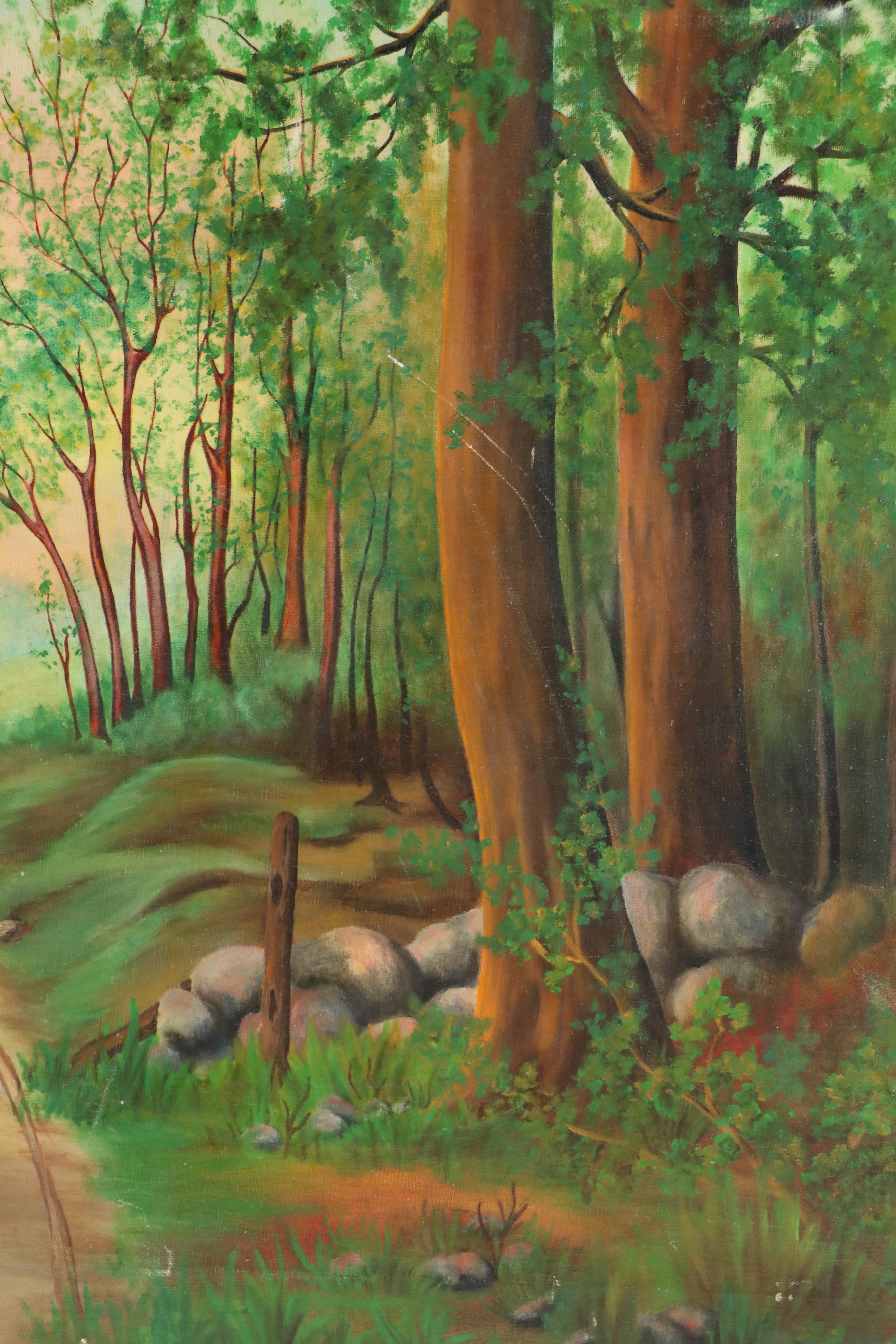 Wooded Landscape Oil Painting of Rural Cart Path, Circa 2000