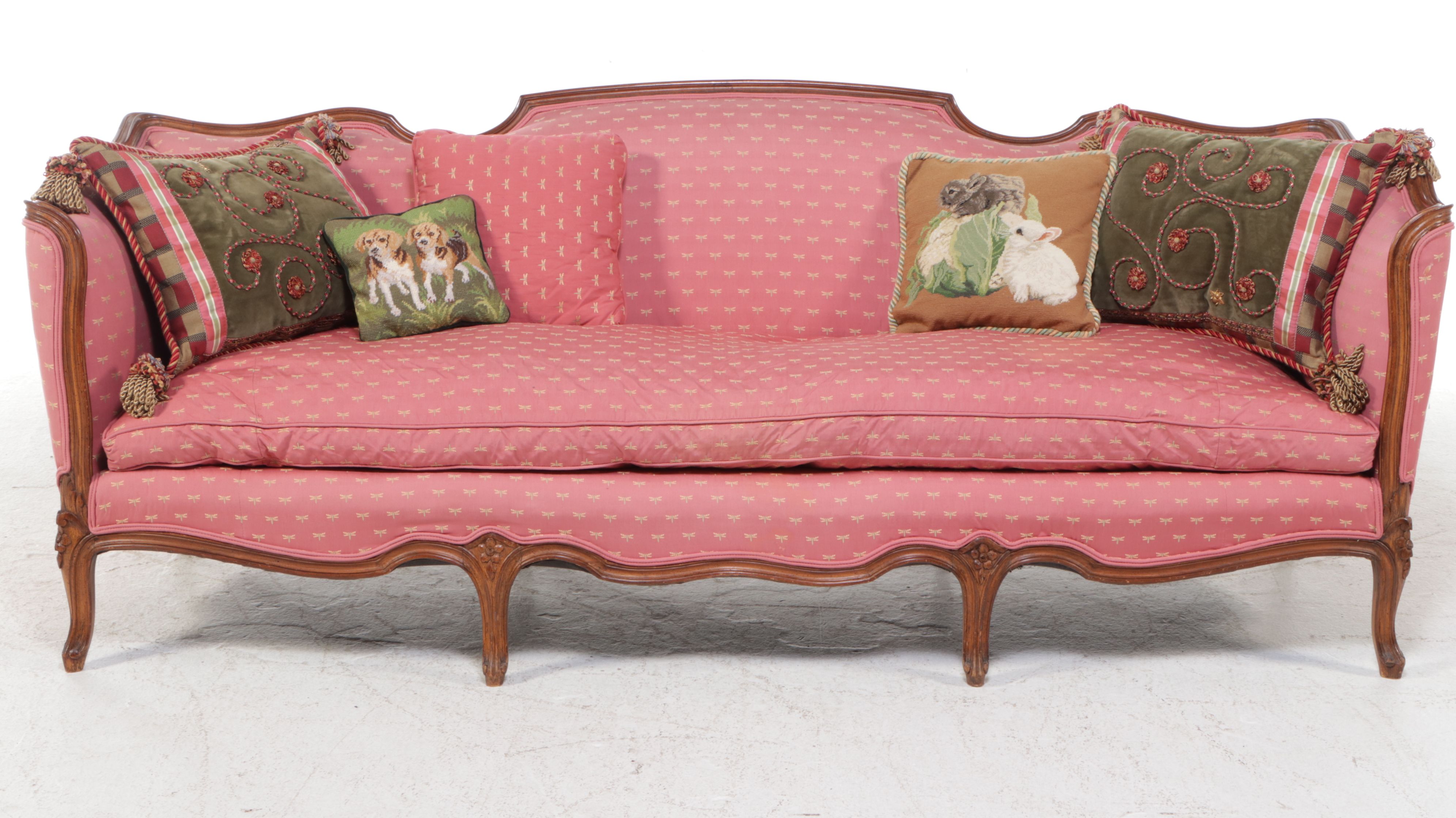 French Provincial Style Carved Wood and Upholstered Sofa with Accent Pillows
