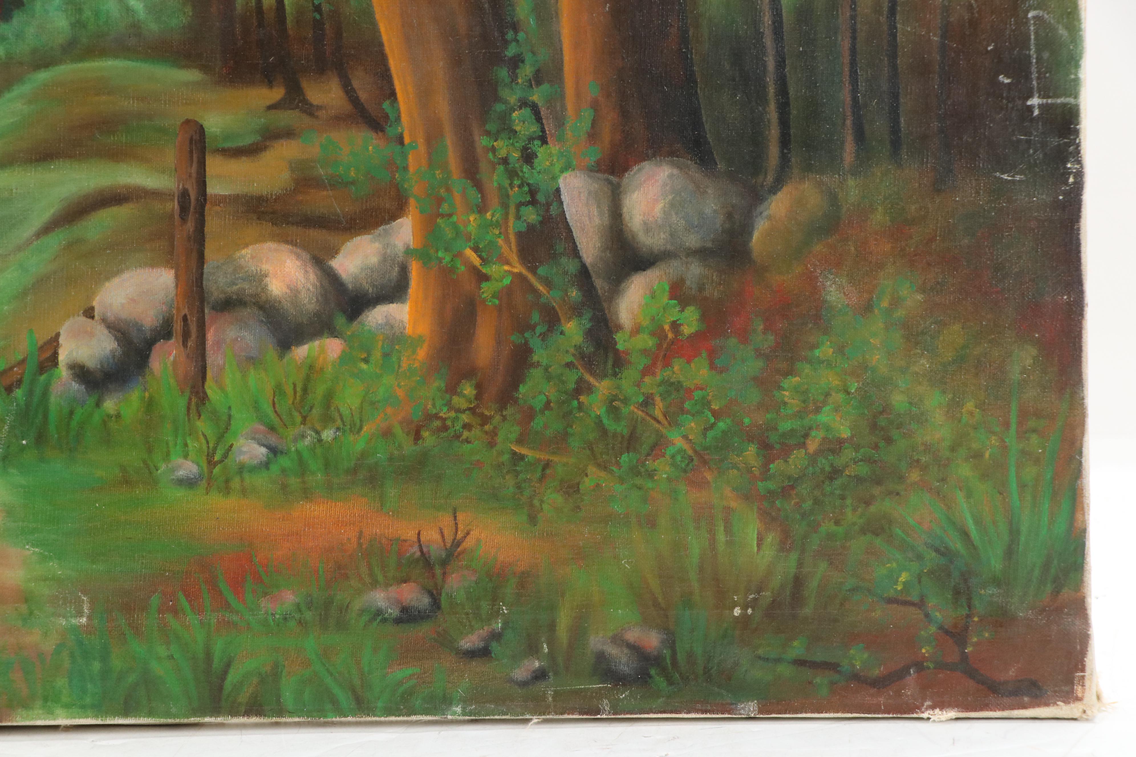 Wooded Landscape Oil Painting of Rural Cart Path, Circa 2000