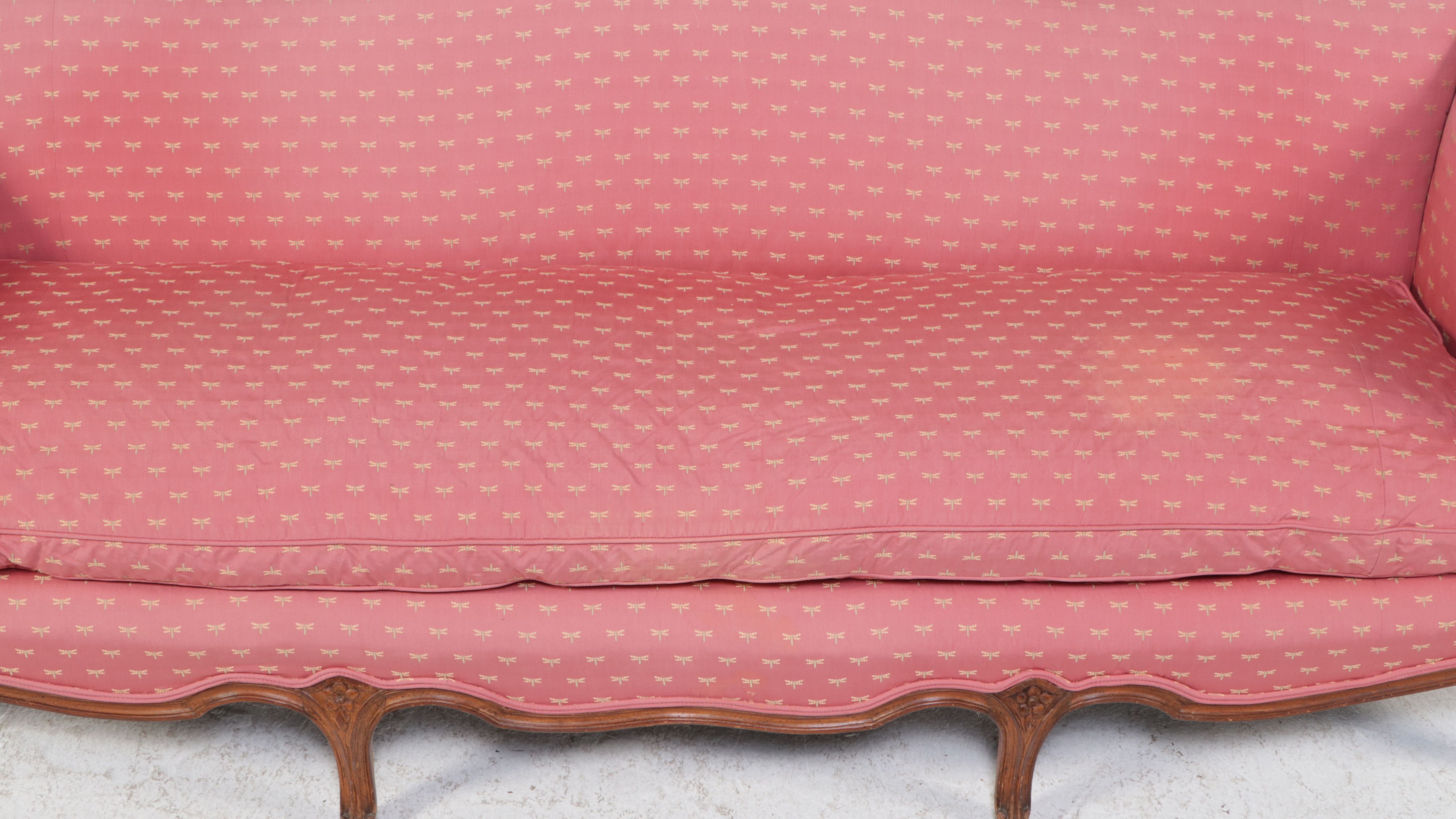 French Provincial Style Carved Wood and Upholstered Sofa with Accent Pillows