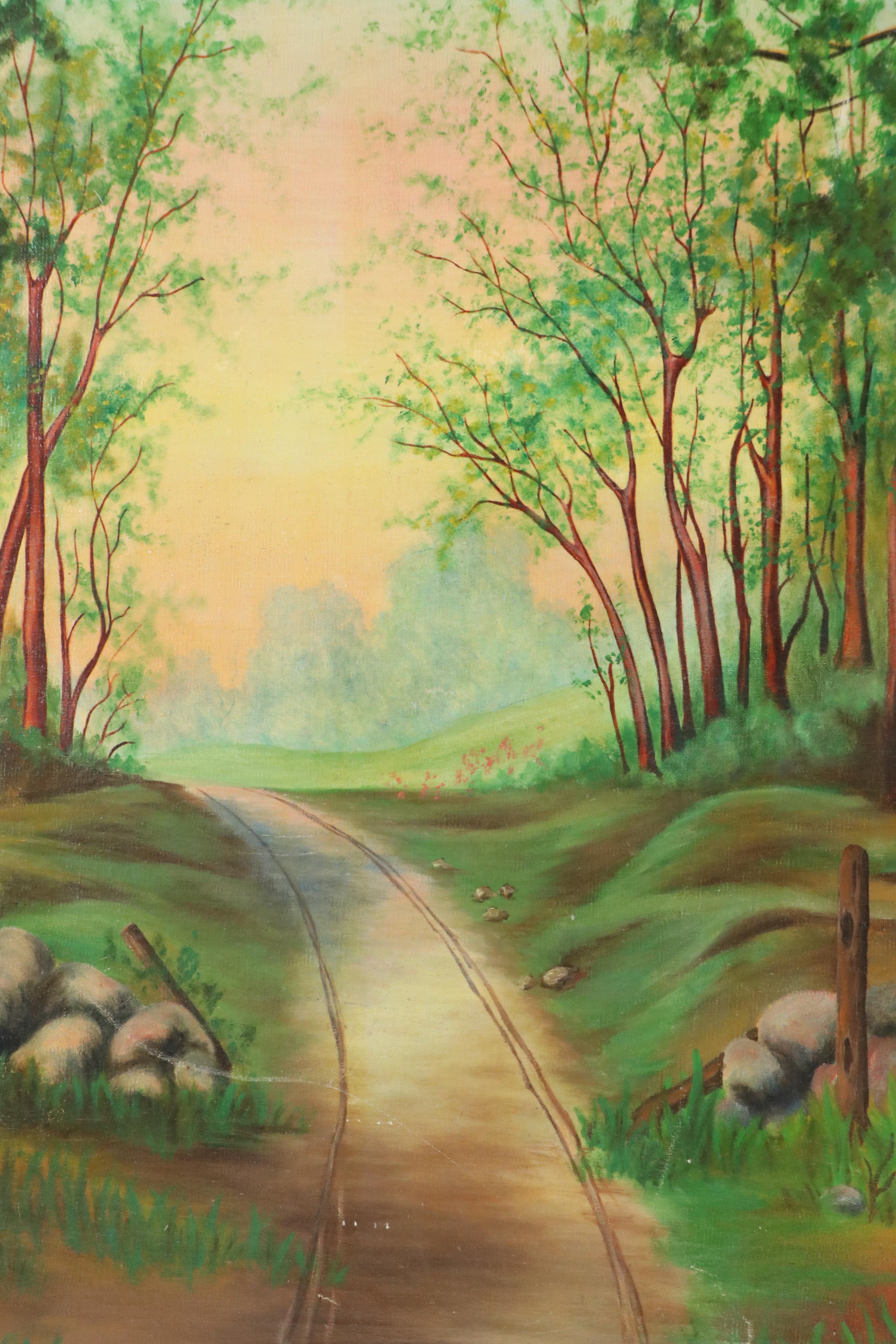 Wooded Landscape Oil Painting of Rural Cart Path, Circa 2000