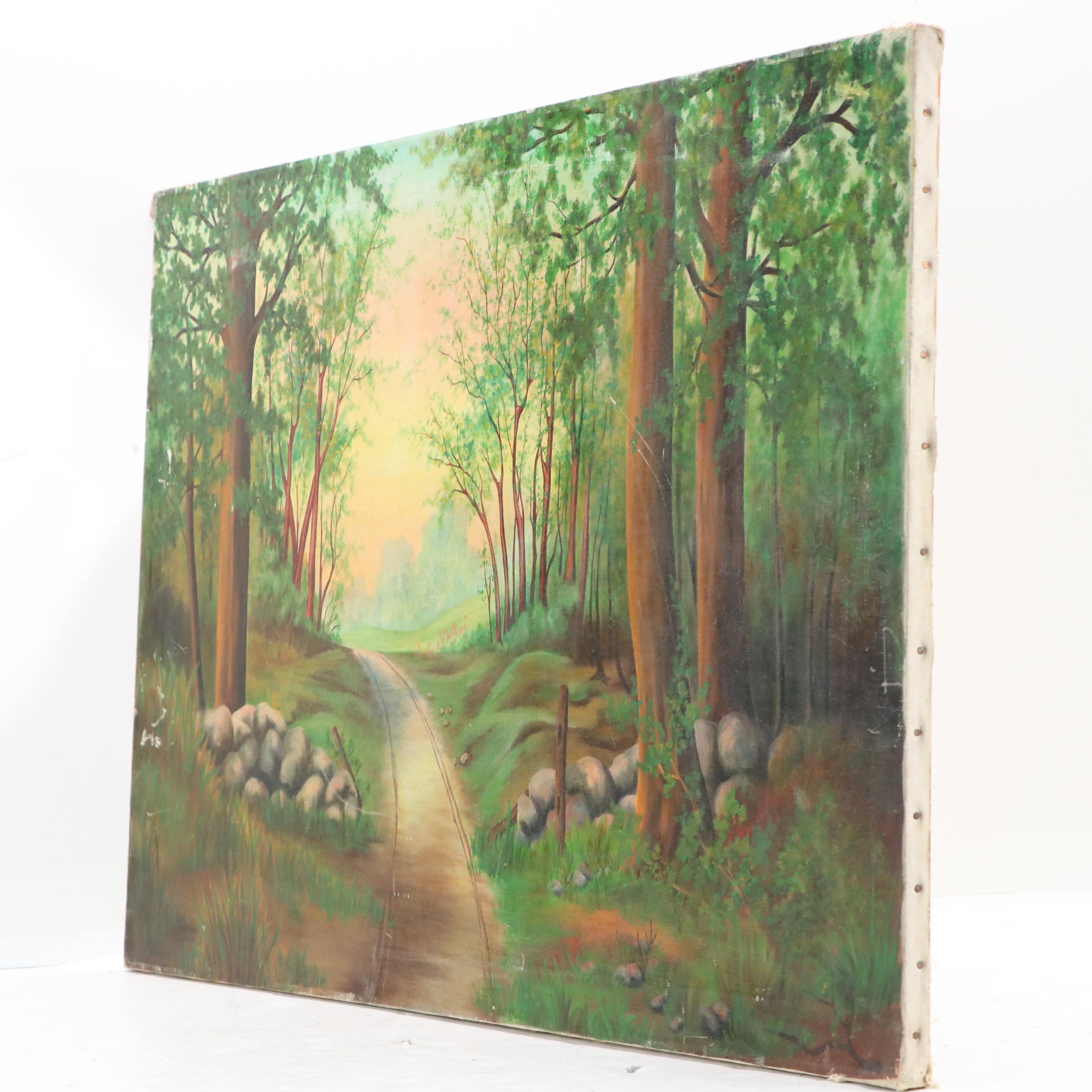 Wooded Landscape Oil Painting of Rural Cart Path, Circa 2000