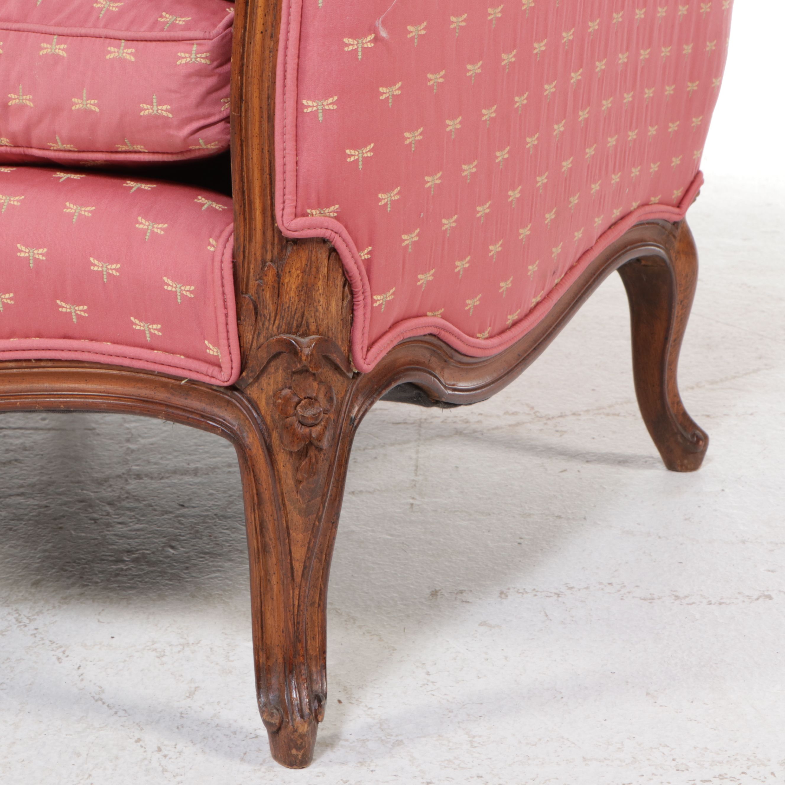 French Provincial Style Carved Wood and Upholstered Sofa with Accent Pillows