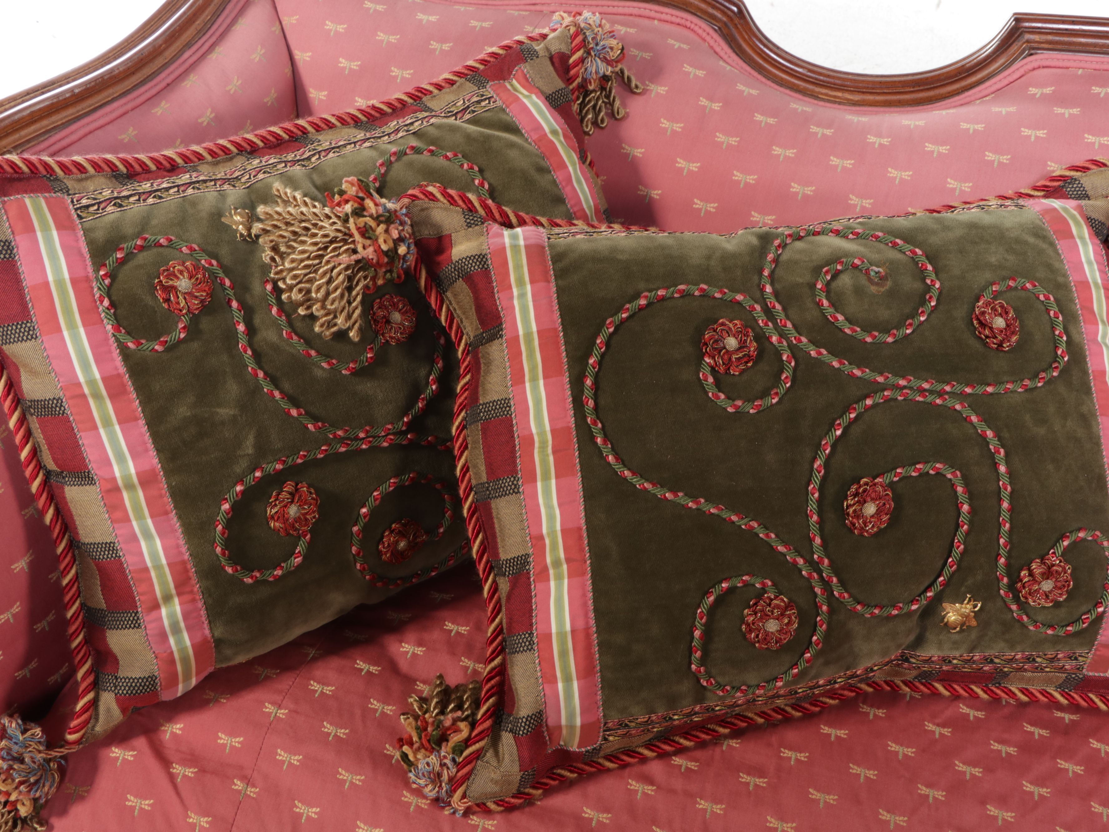 French Provincial Style Carved Wood and Upholstered Sofa with Accent Pillows