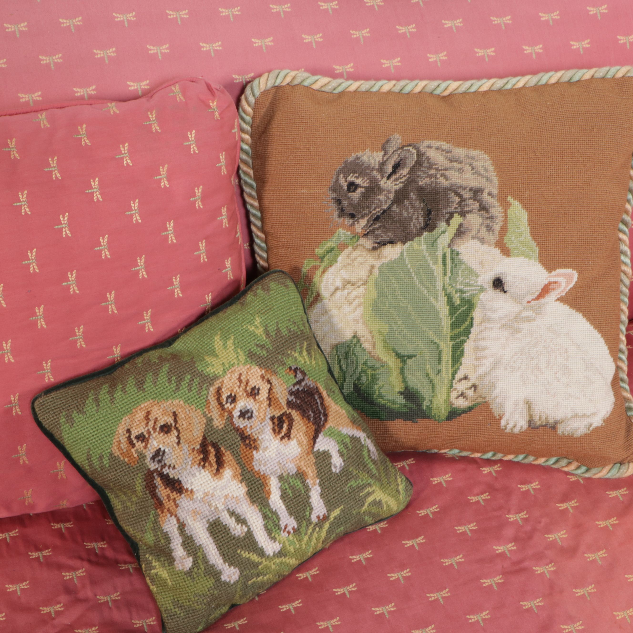 French Provincial Style Carved Wood and Upholstered Sofa with Accent Pillows