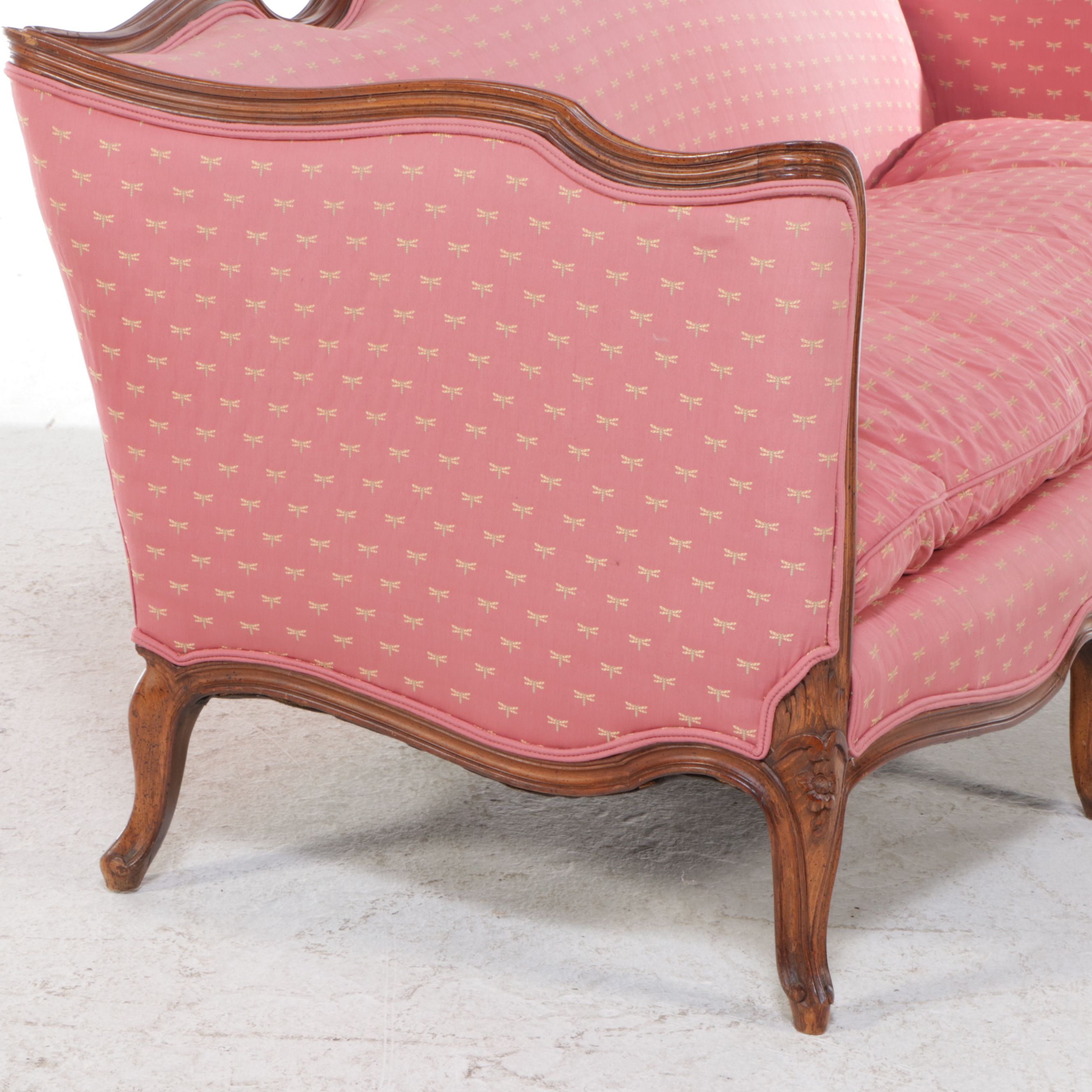 French Provincial Style Carved Wood and Upholstered Sofa with Accent Pillows