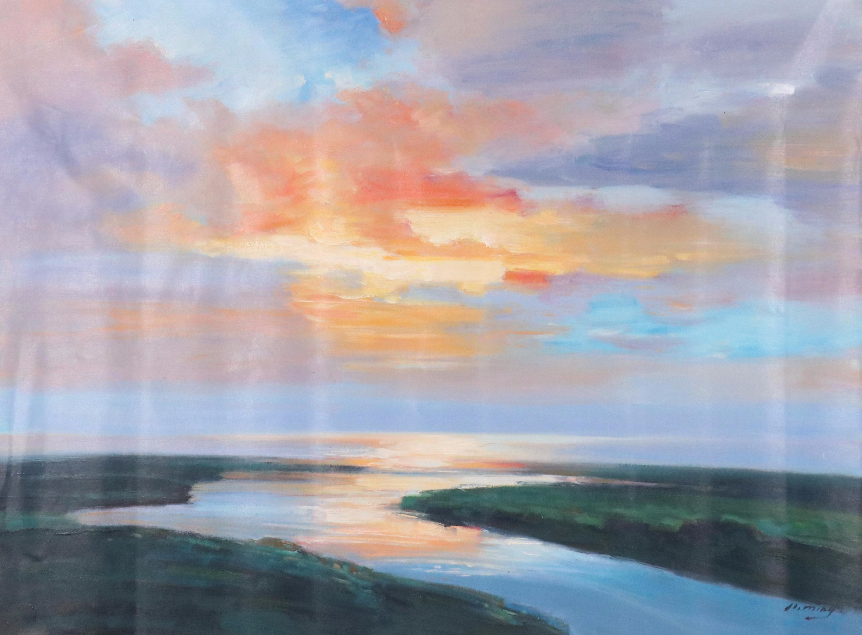 N. Ming Sunset Landscape Oil Painting, 21st Century