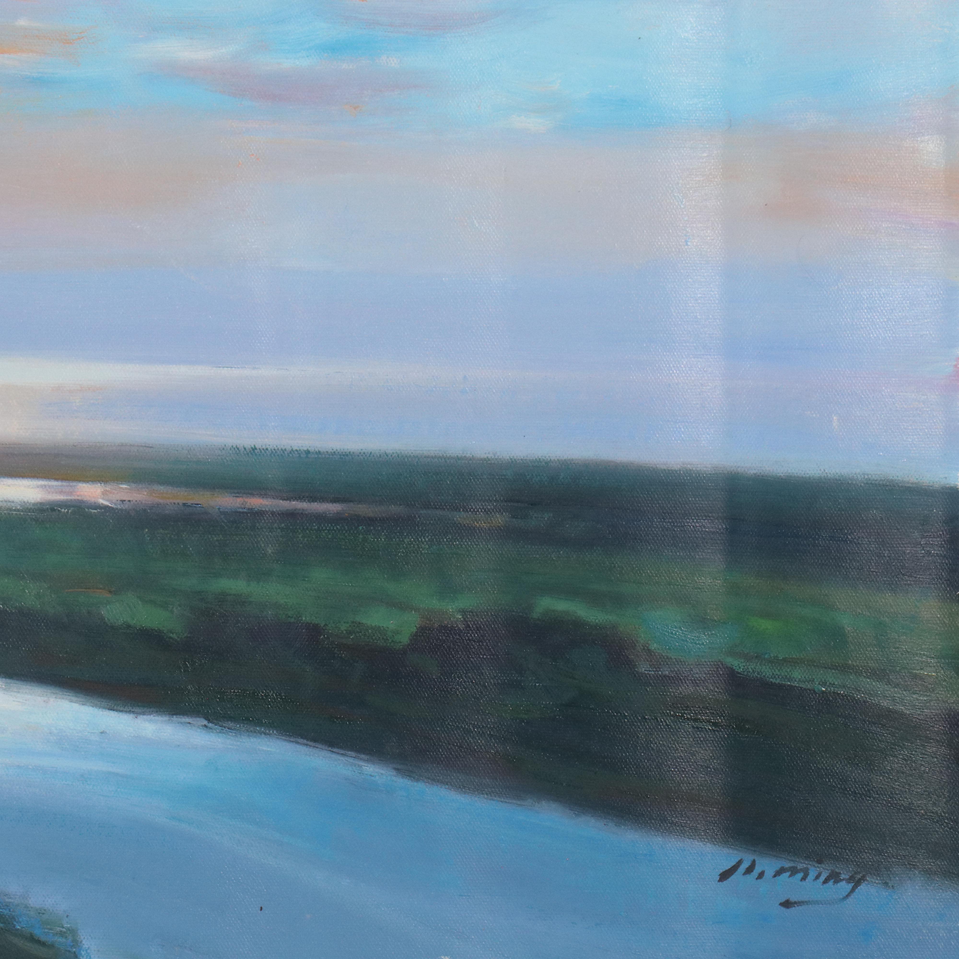 N. Ming Sunset Landscape Oil Painting, 21st Century