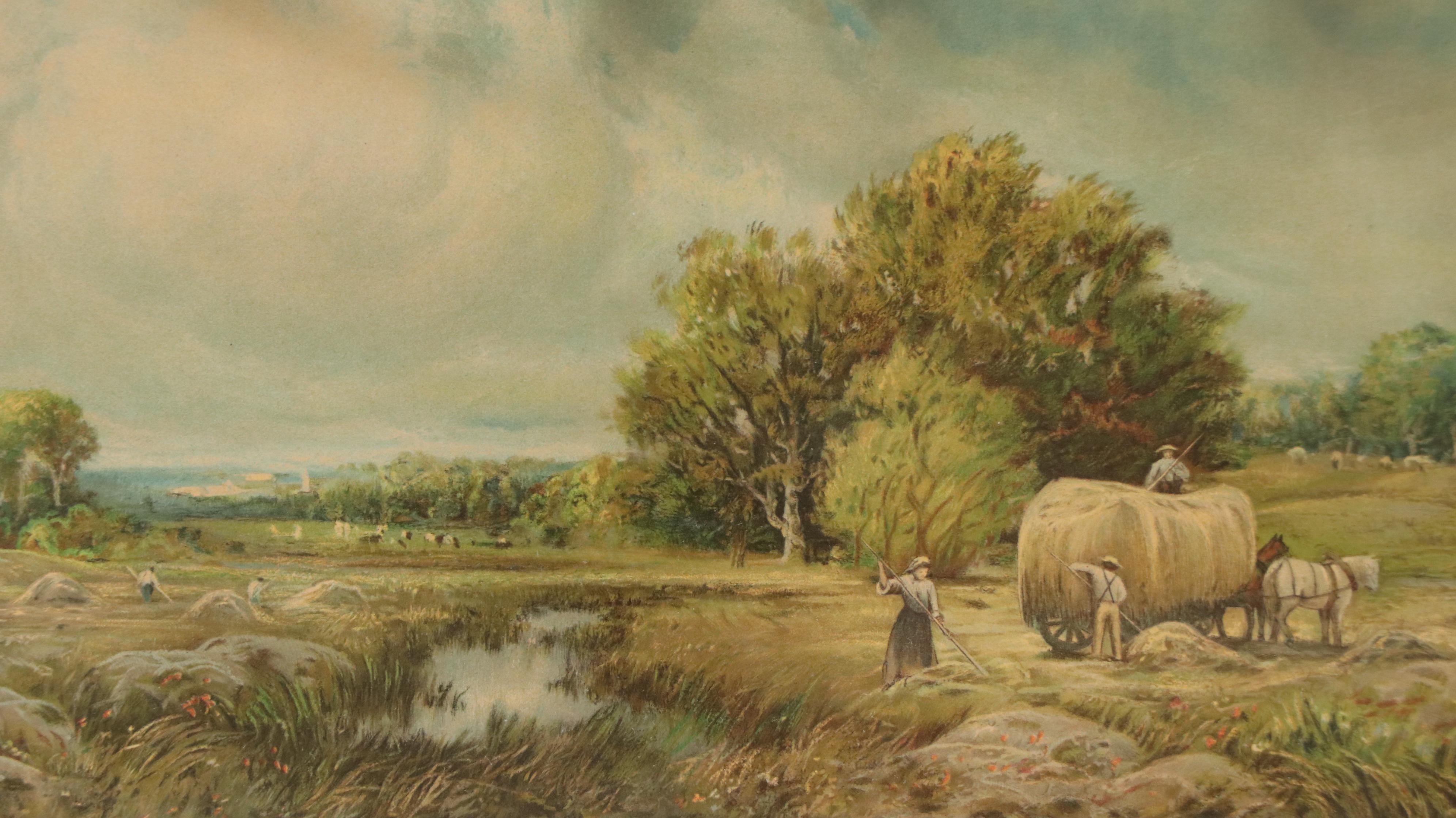 Chromolithograph of Farmers Raking Hay with Cloudy Sky, Circa 1900