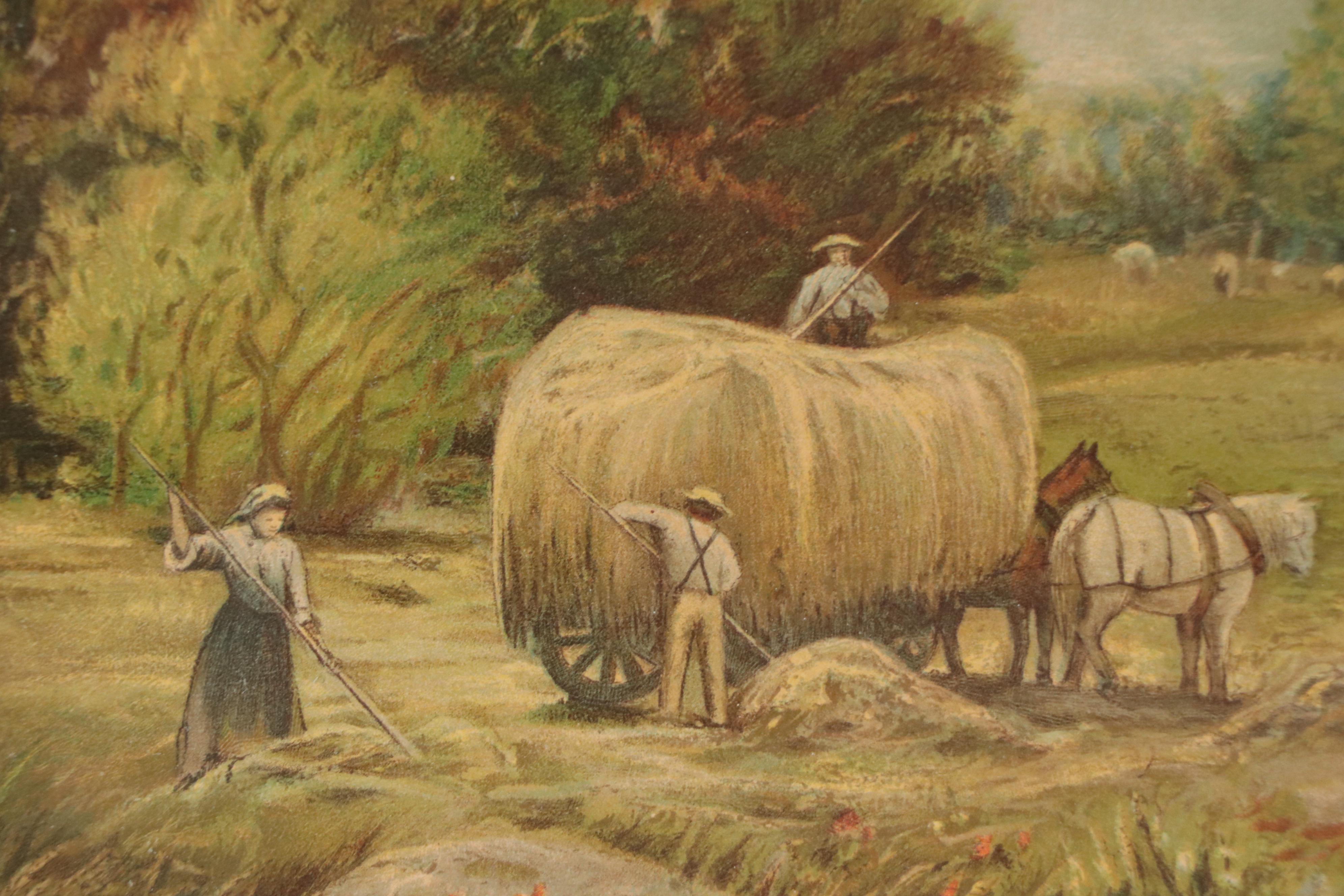 Chromolithograph of Farmers Raking Hay with Cloudy Sky, Circa 1900