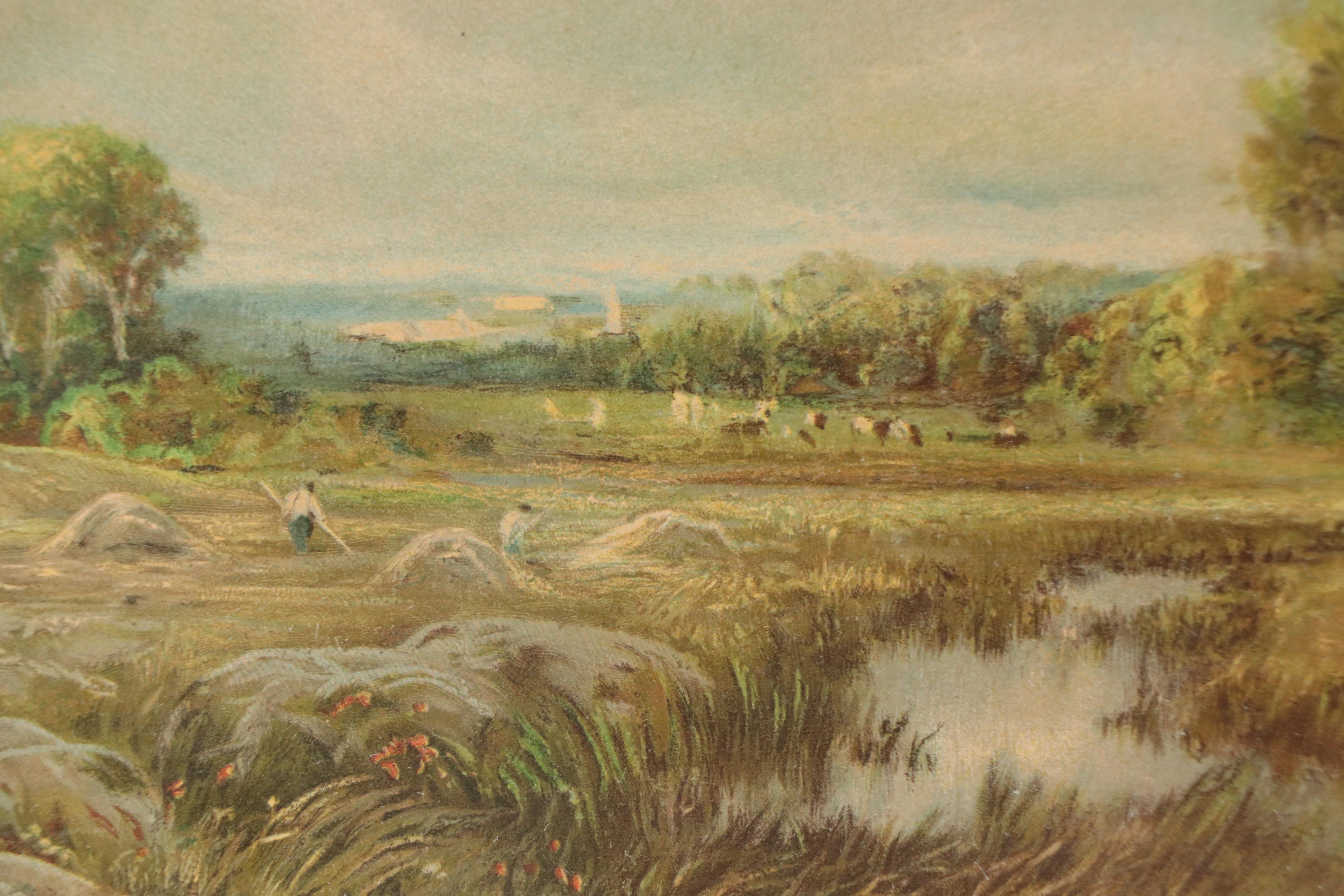 Chromolithograph of Farmers Raking Hay with Cloudy Sky, Circa 1900