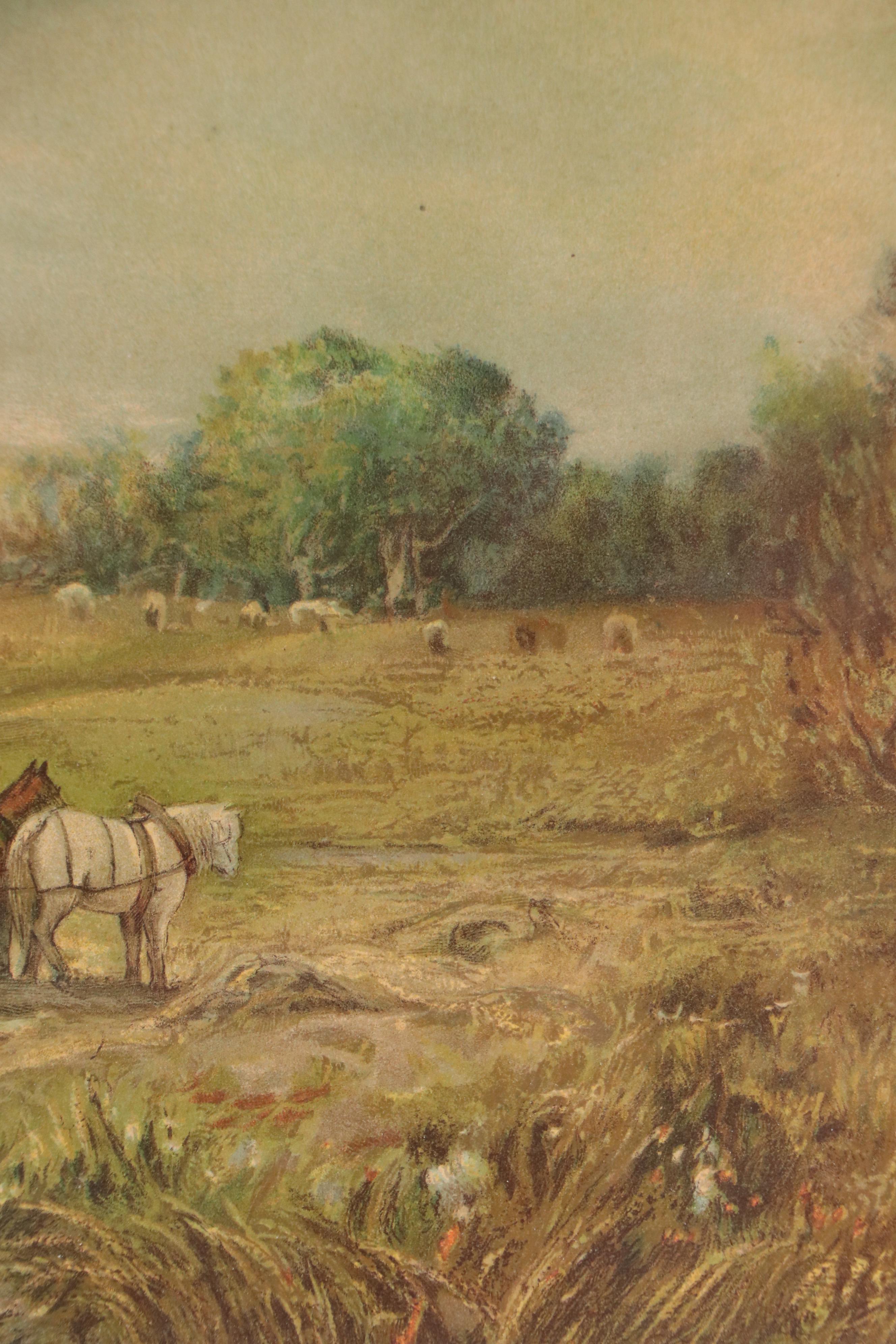 Chromolithograph of Farmers Raking Hay with Cloudy Sky, Circa 1900