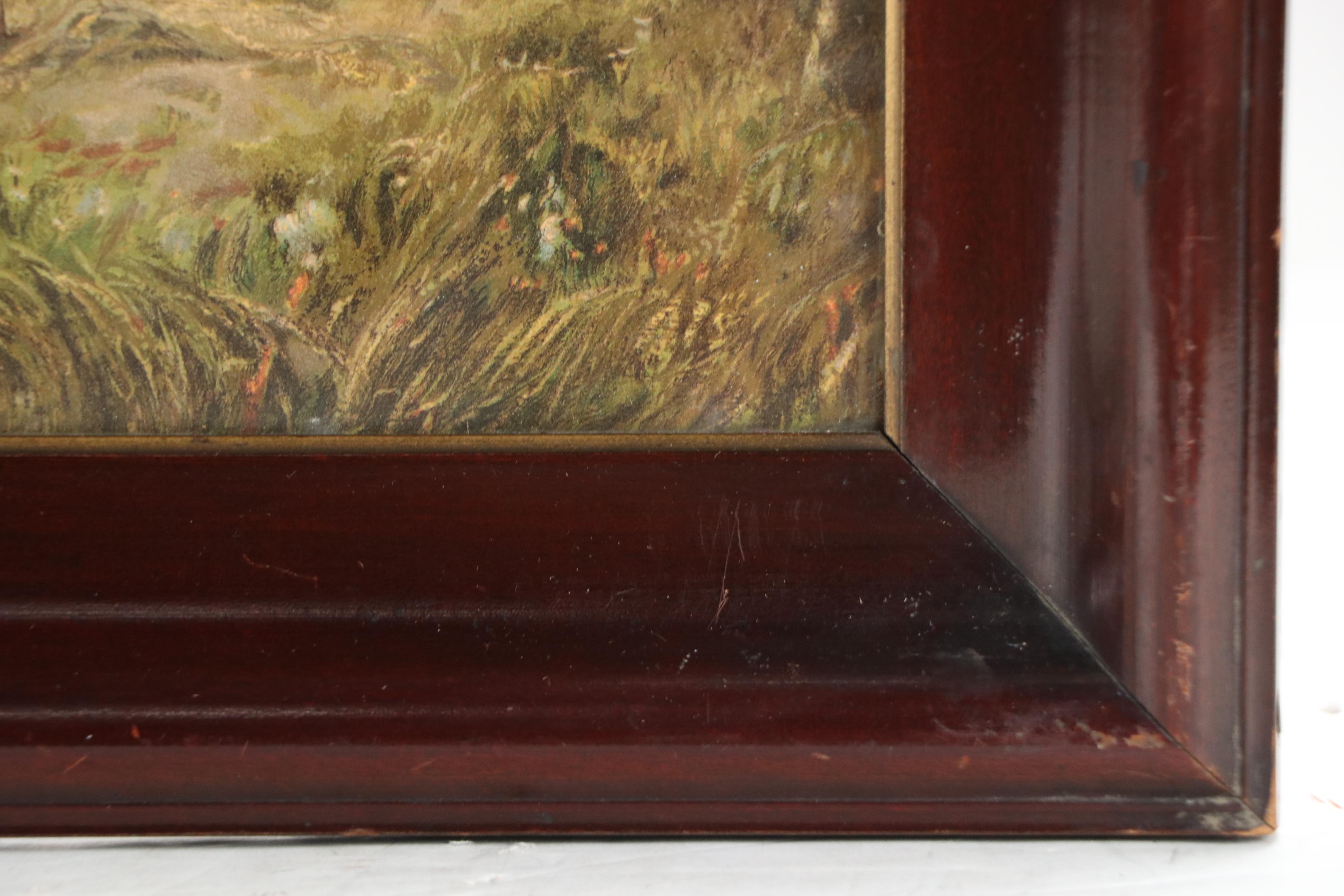 Chromolithograph of Farmers Raking Hay with Cloudy Sky, Circa 1900