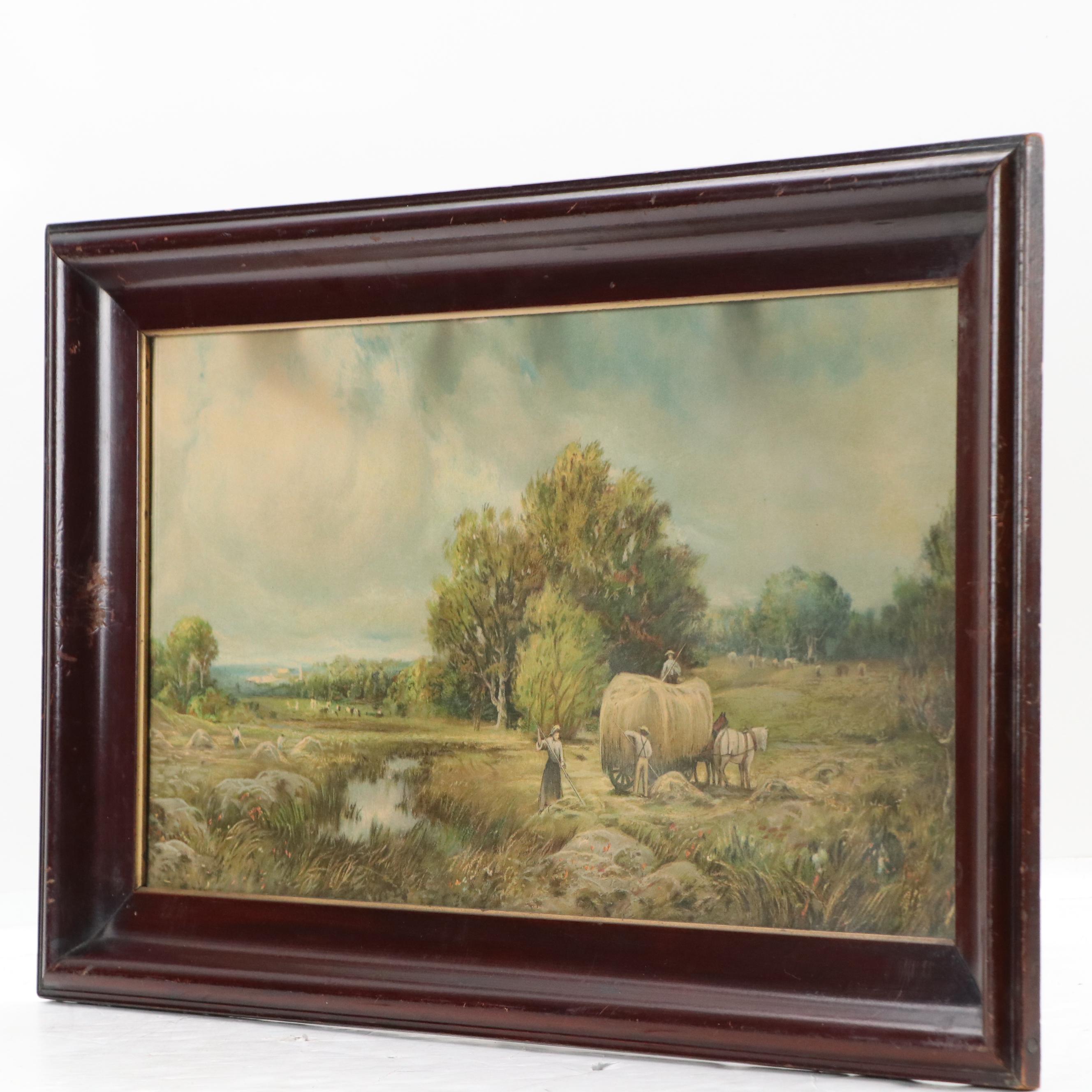 Chromolithograph of Farmers Raking Hay with Cloudy Sky, Circa 1900