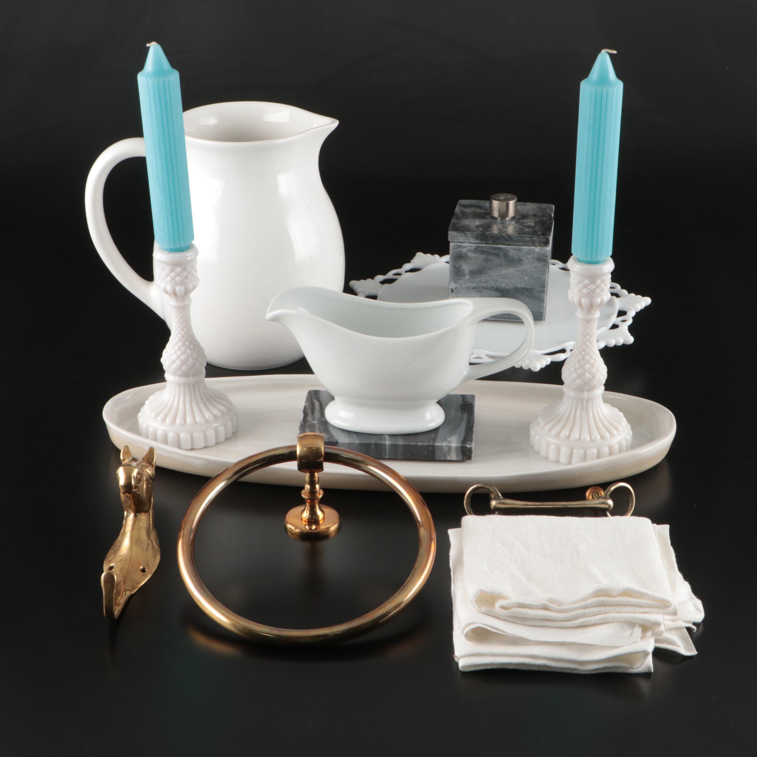 Waterworks Brass Towel Ring, Milk Glass Candle Holders, and More Bathroom Décor