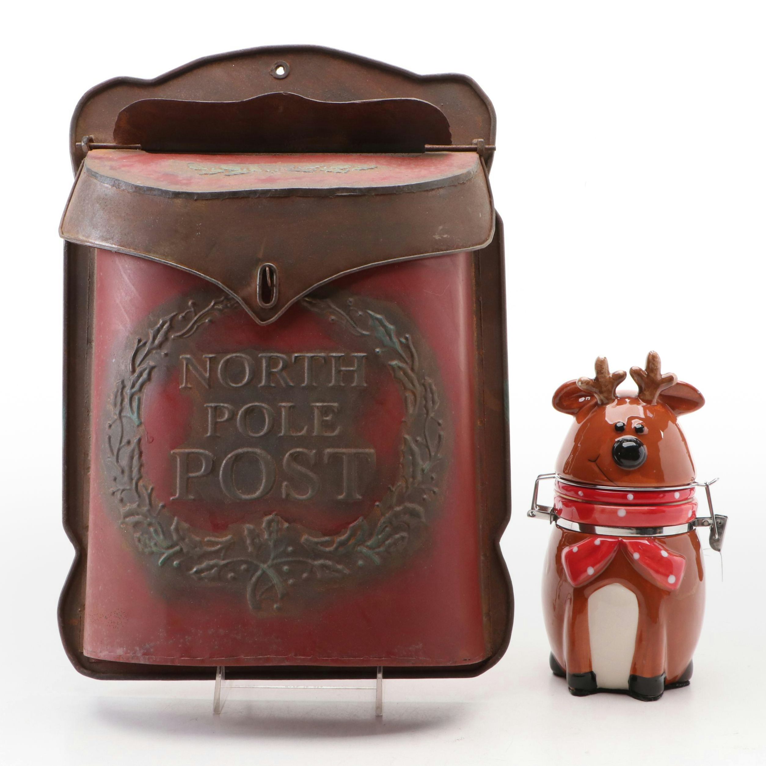 "North Pole Post" Hanging Metal Mailbox and Reindeer Ceramic Canister