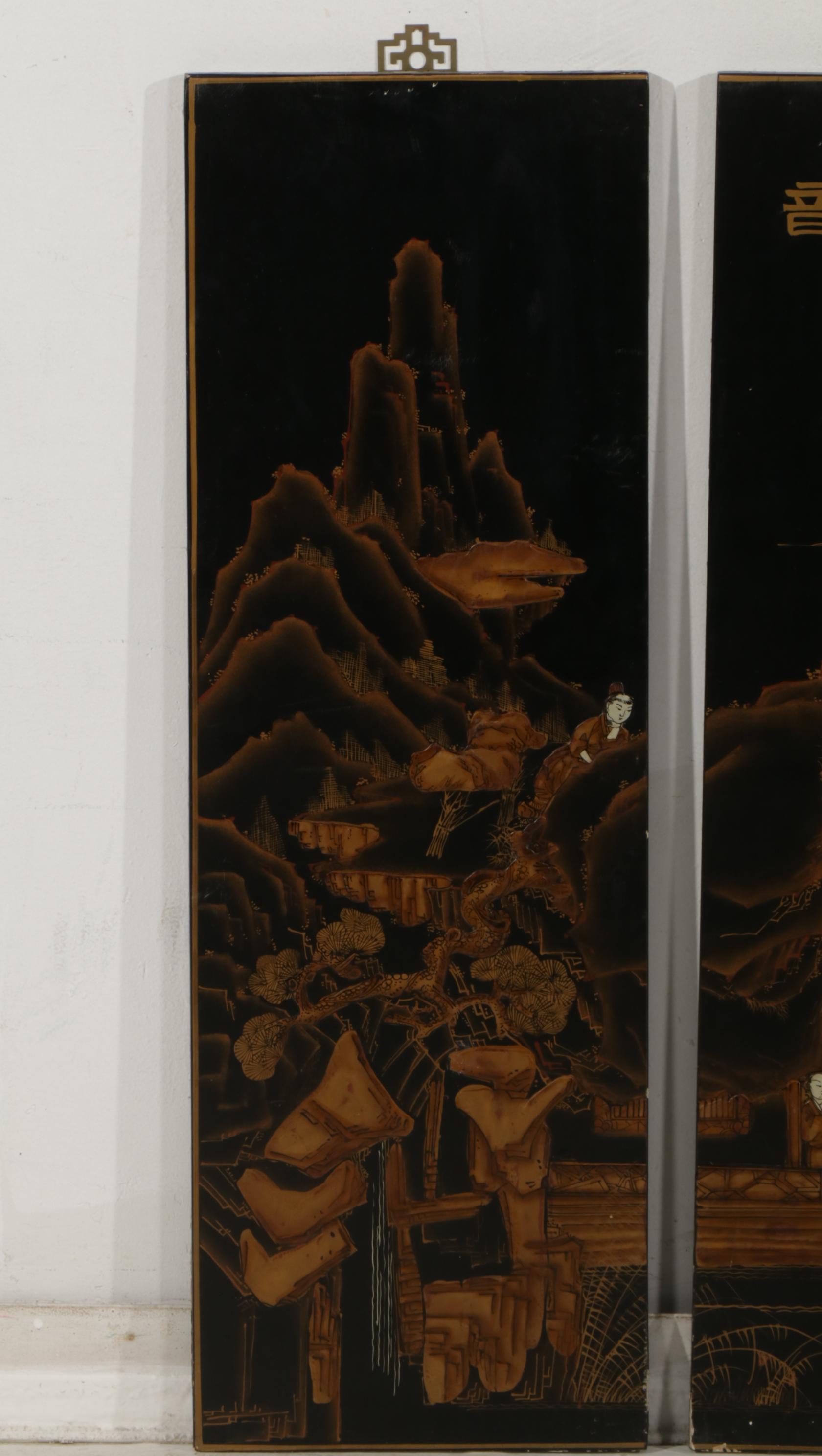 Chinese Black Lacquered and Gold Painted Screen Panels