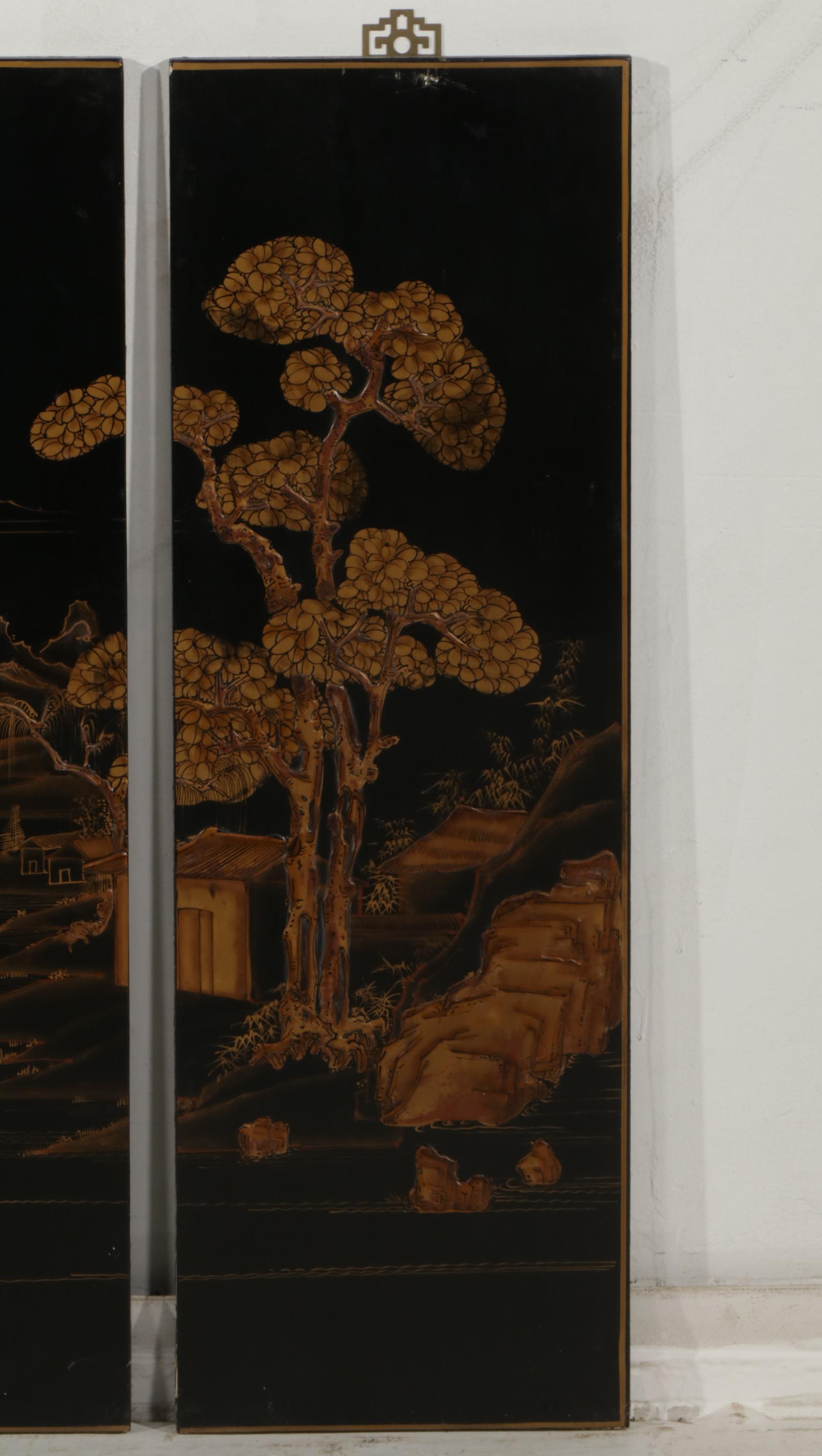 Chinese Black Lacquered and Gold Painted Screen Panels