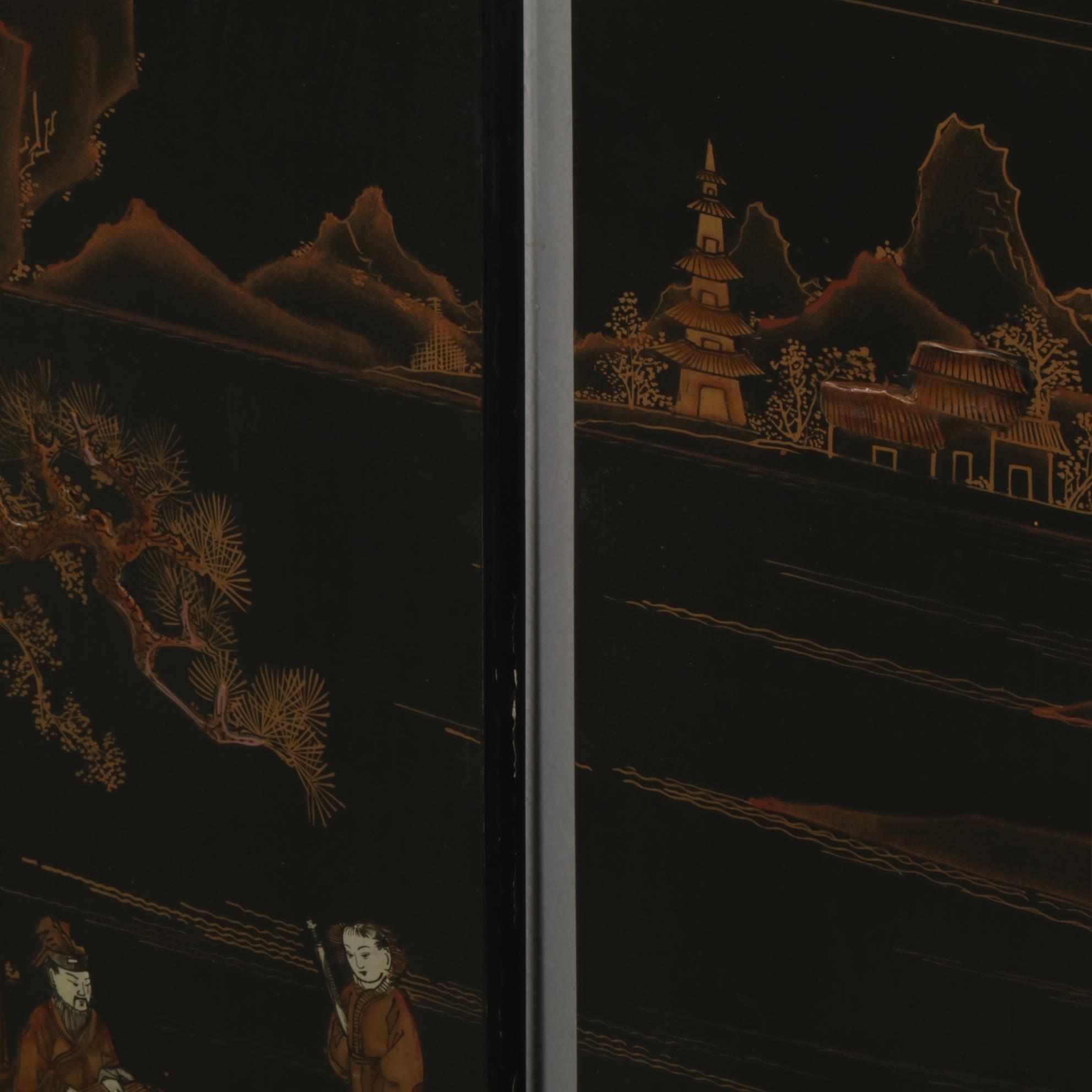 Chinese Black Lacquered and Gold Painted Screen Panels