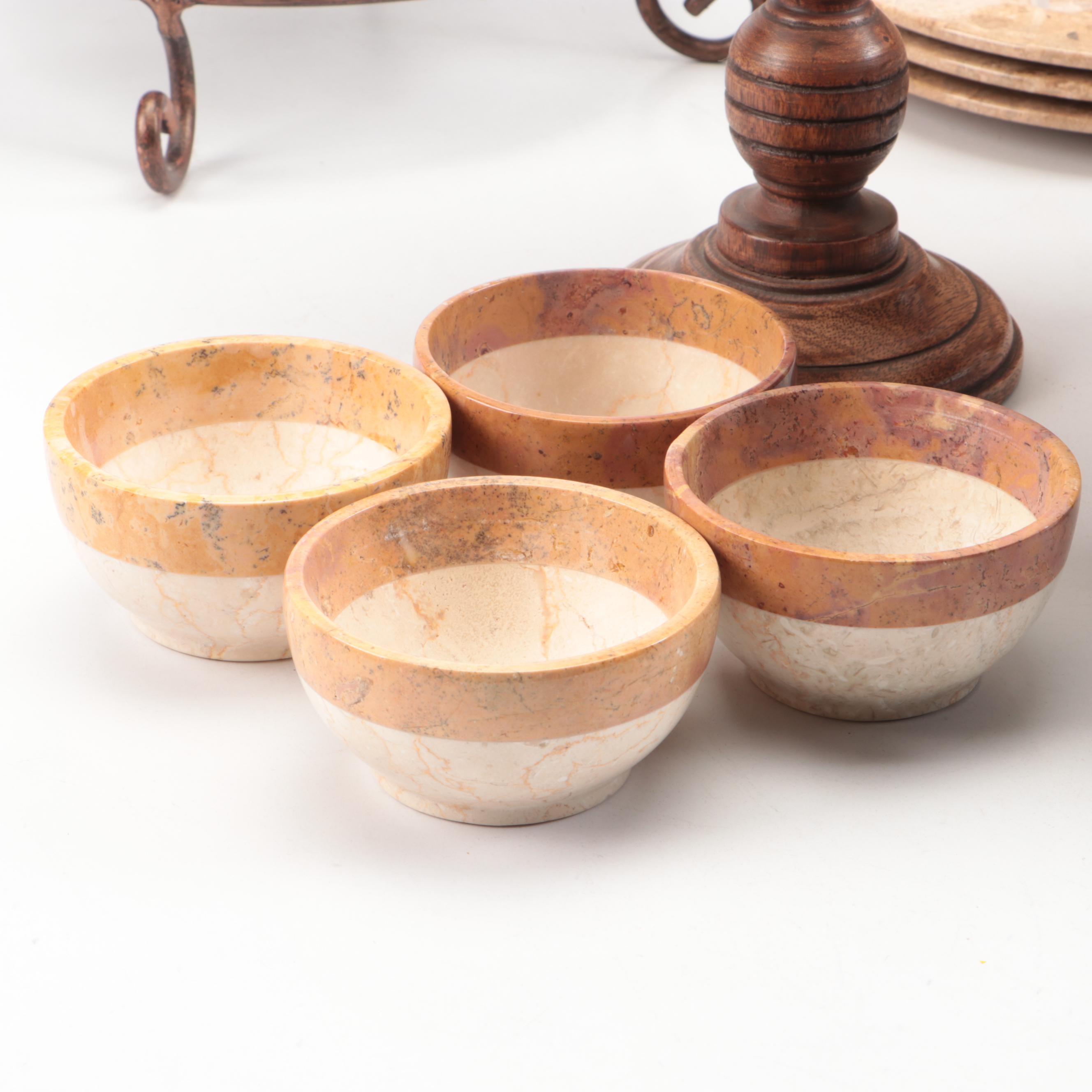 Fossils in Stone Carved Plates with Stone Bowls and Metal and Stone Stands