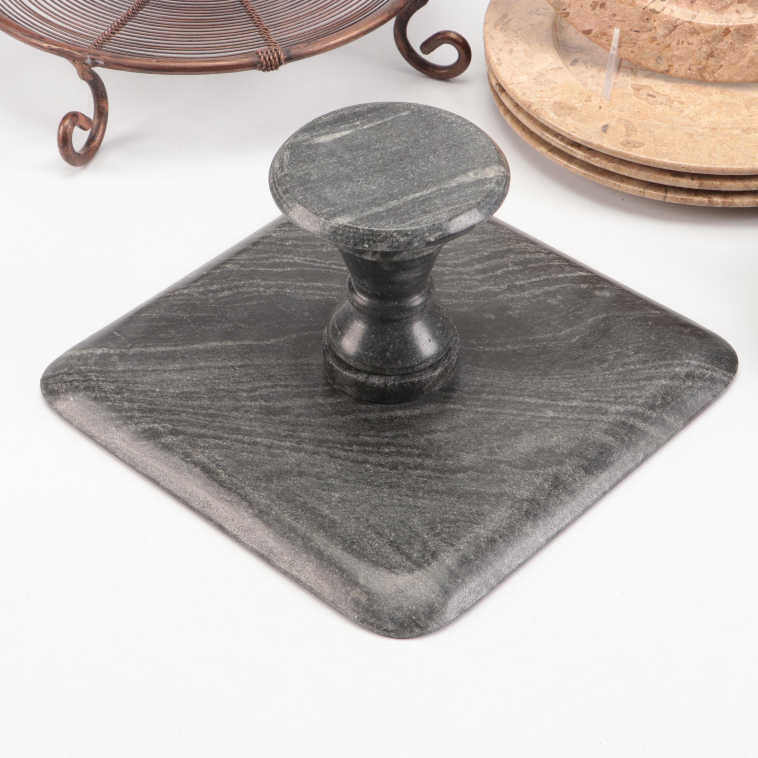 Fossils in Stone Carved Plates with Stone Bowls and Metal and Stone Stands