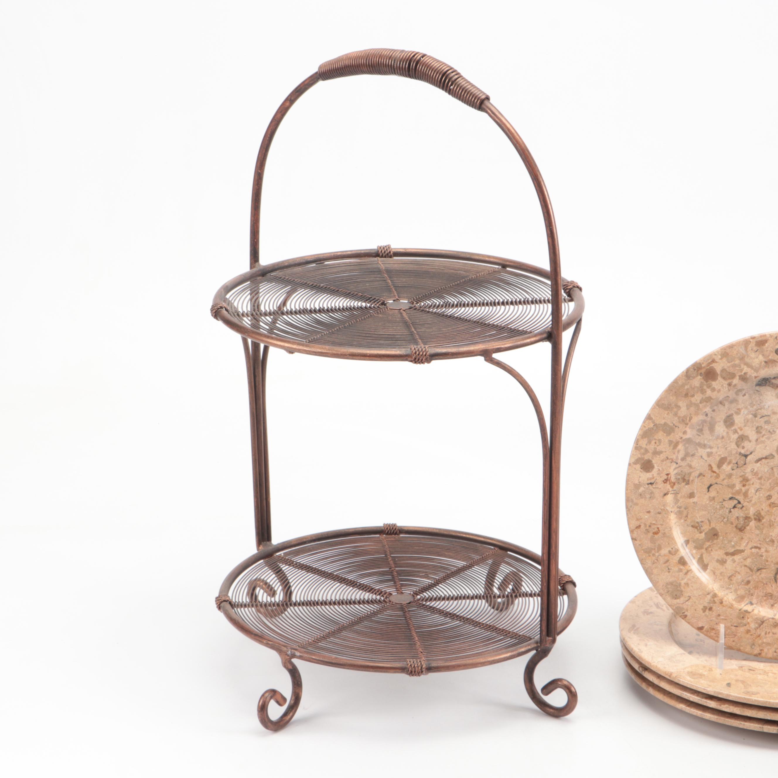 Fossils in Stone Carved Plates with Stone Bowls and Metal and Stone Stands