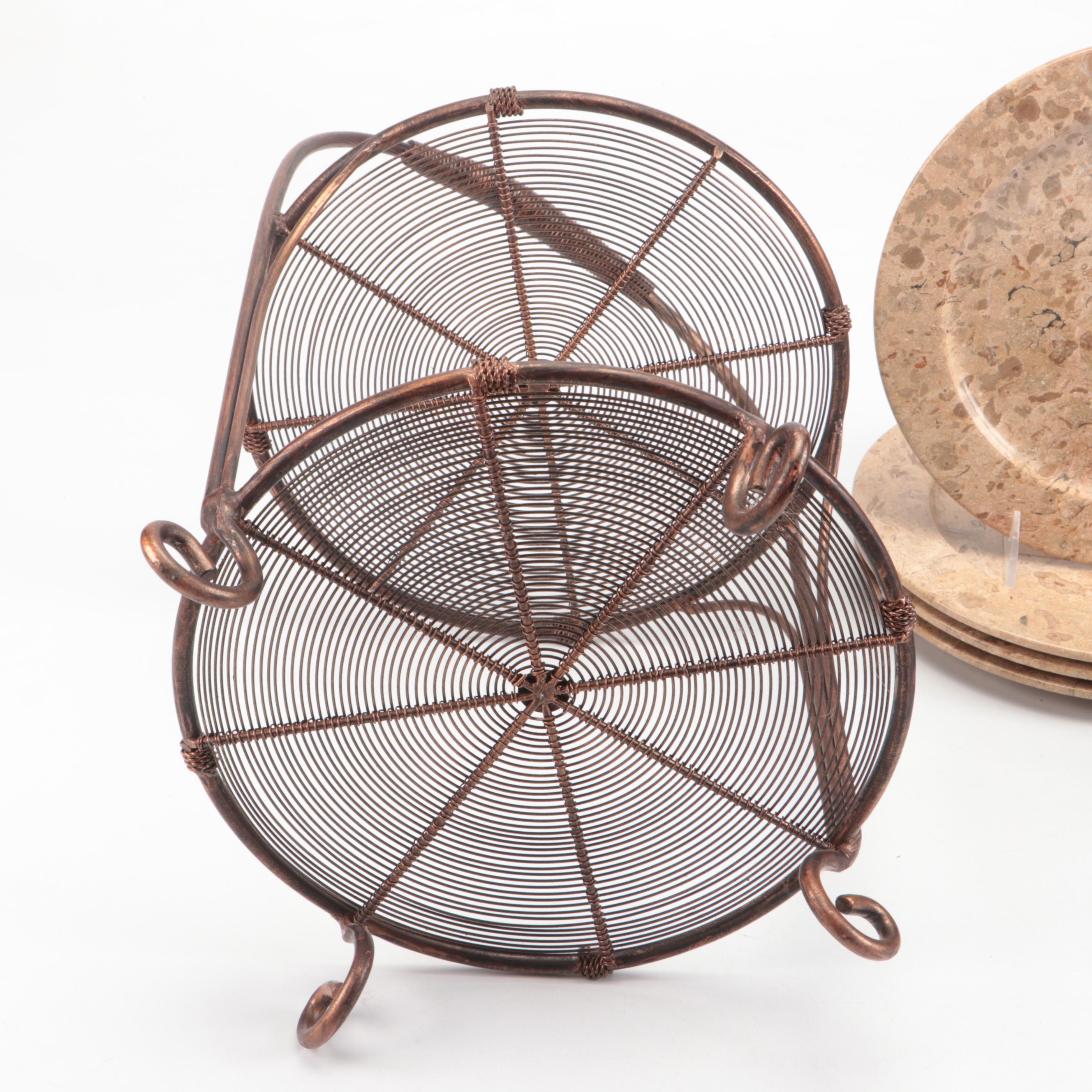 Fossils in Stone Carved Plates with Stone Bowls and Metal and Stone Stands