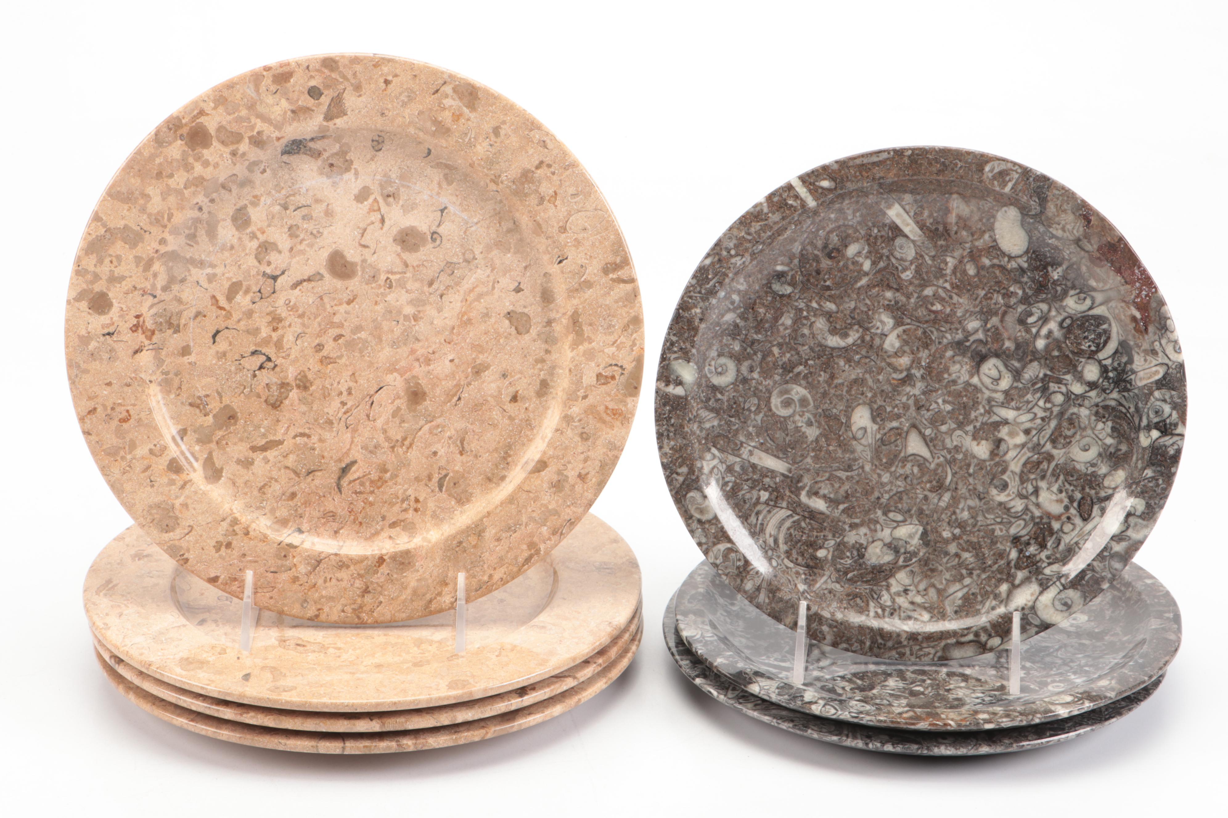 Fossils in Stone Carved Plates with Stone Bowls and Metal and Stone Stands