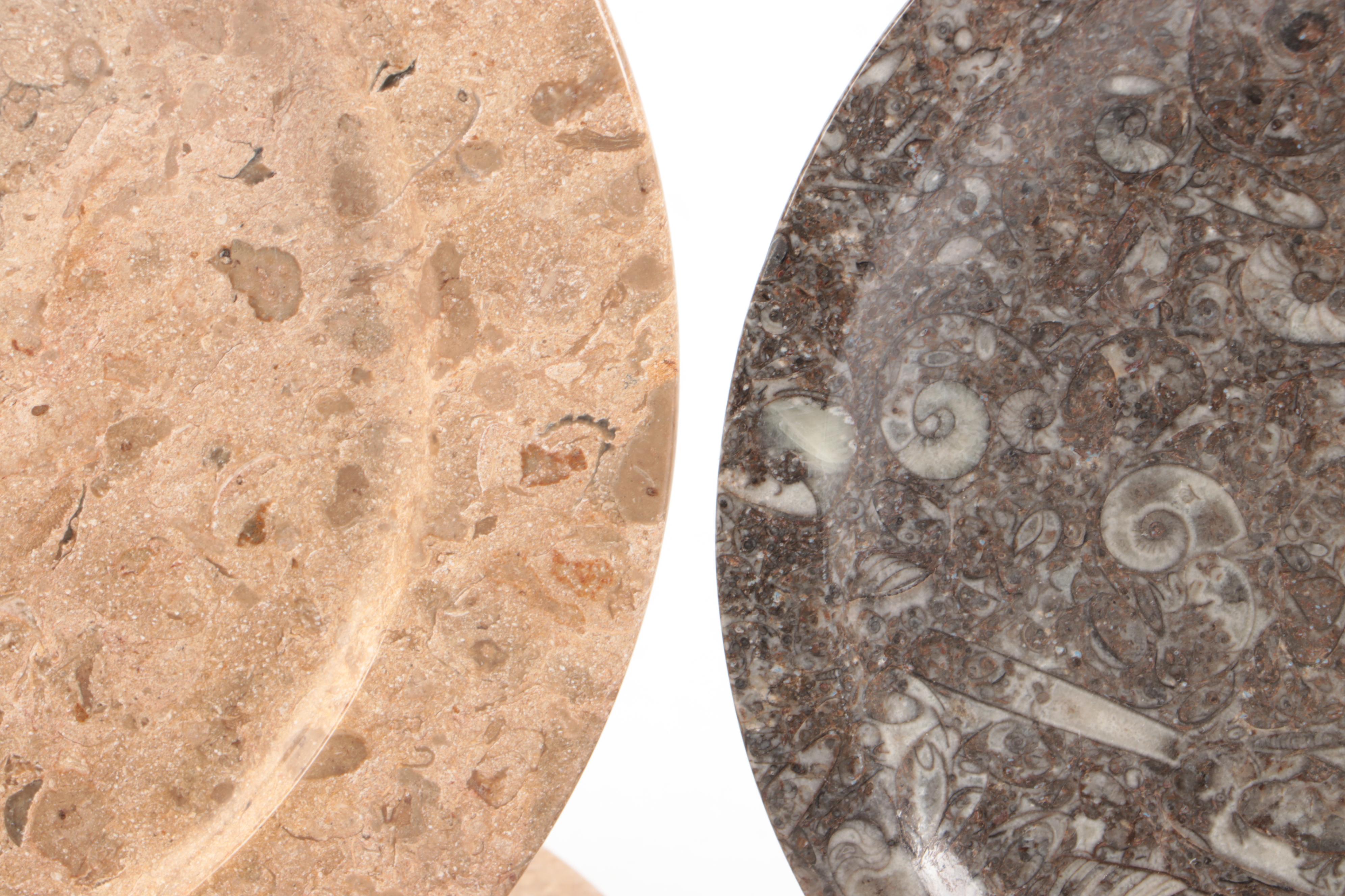 Fossils in Stone Carved Plates with Stone Bowls and Metal and Stone Stands