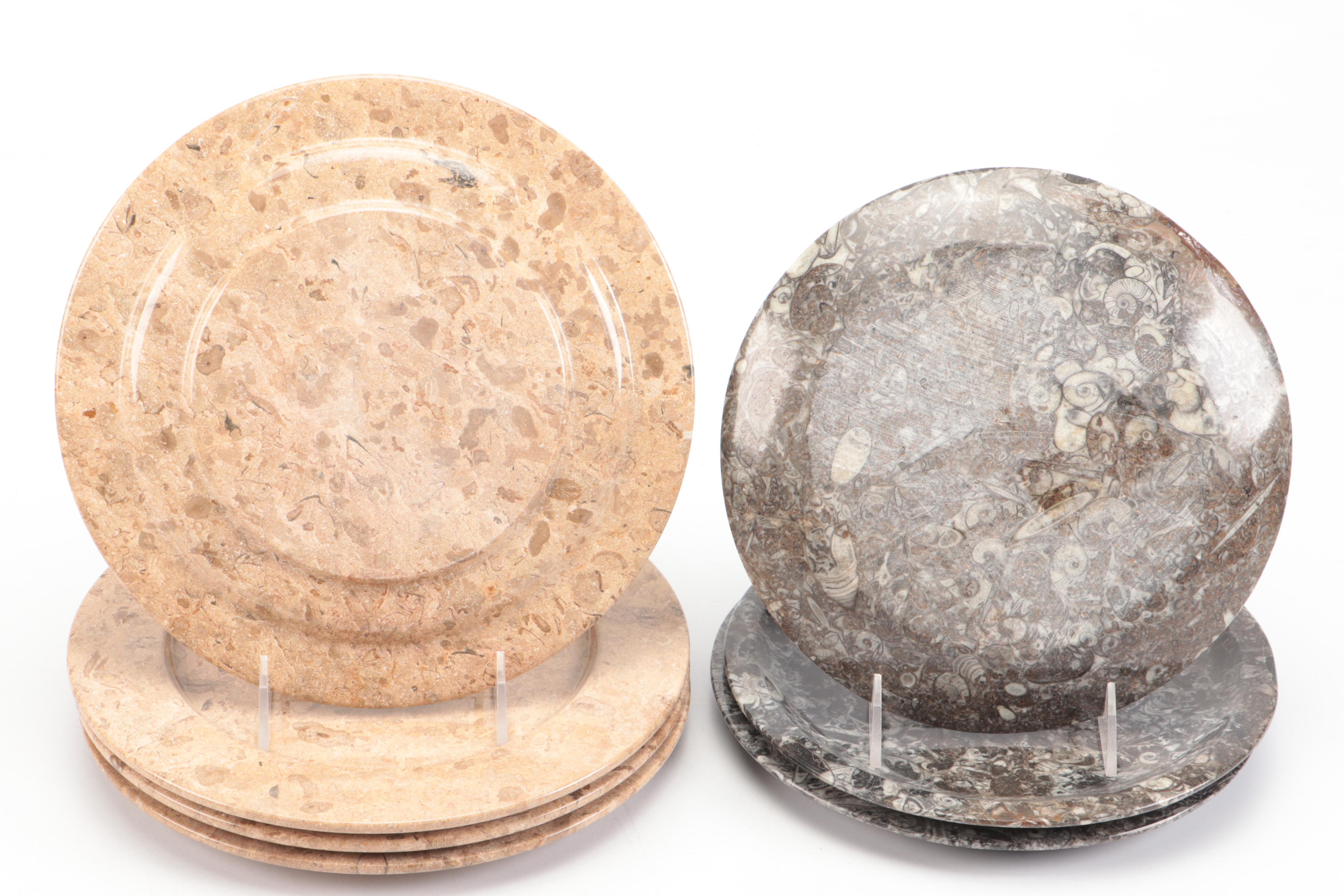 Fossils in Stone Carved Plates with Stone Bowls and Metal and Stone Stands