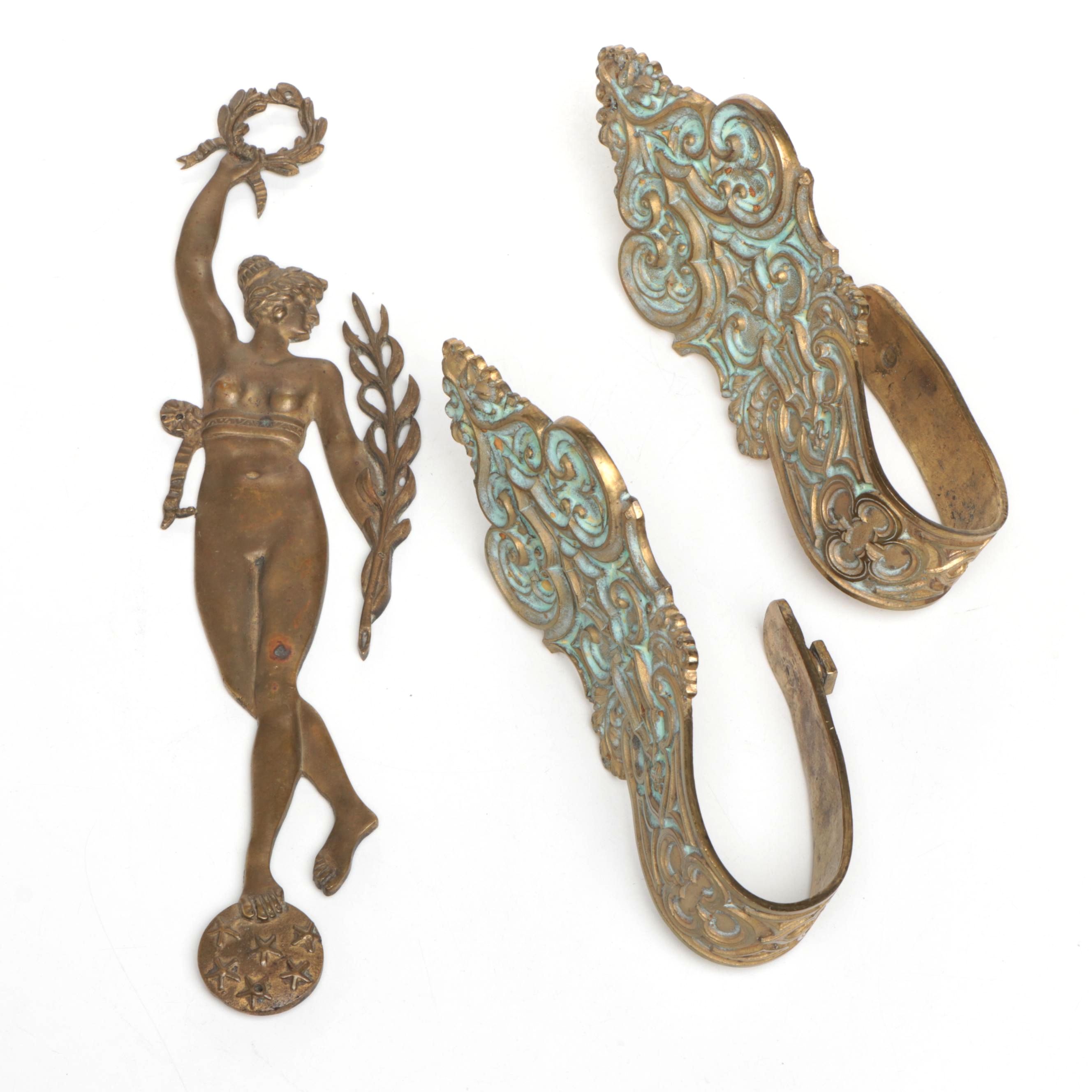 French Art Nouveau Style Fortuna Applique and Gothic Revival Curtain Holdbacks