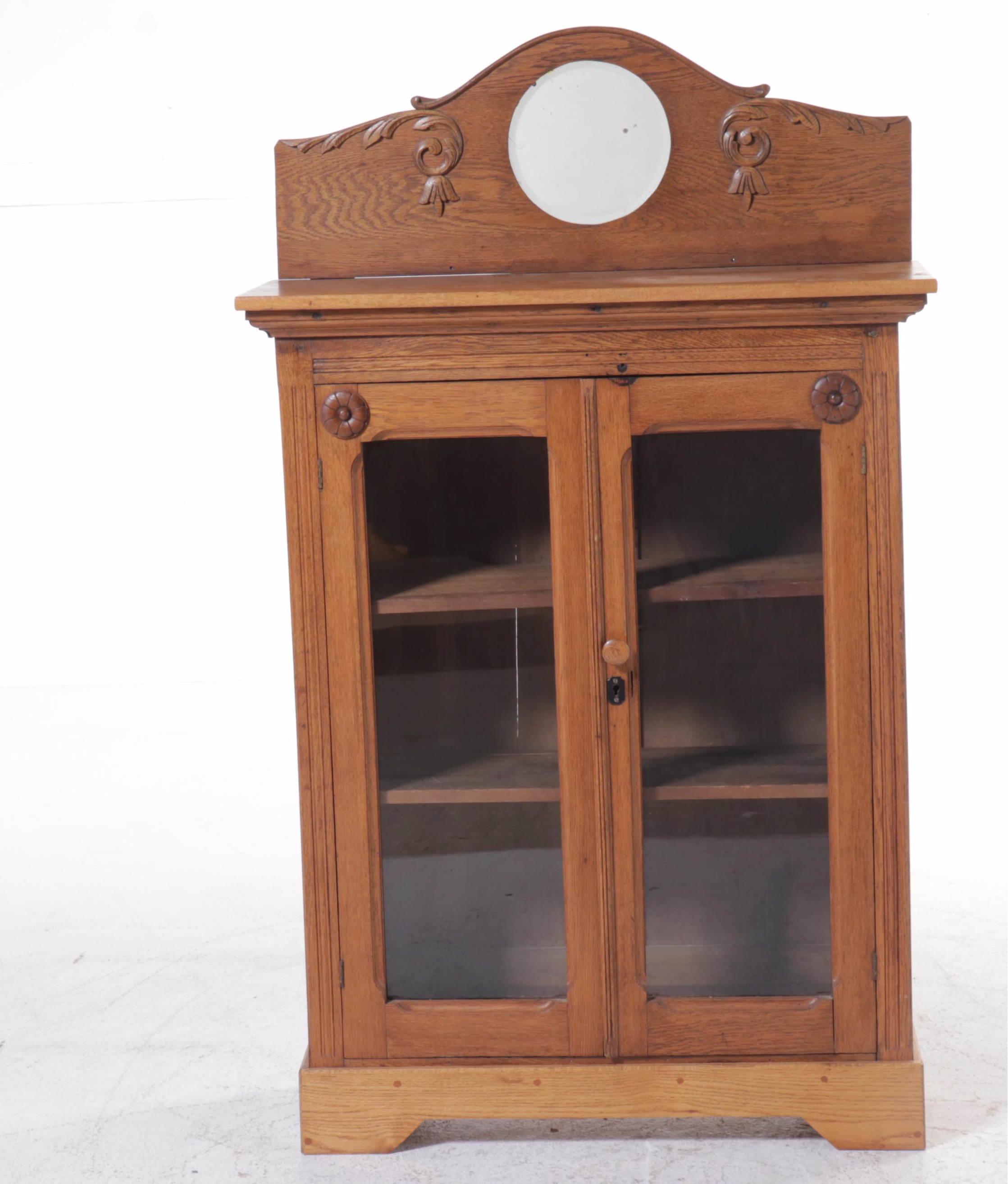 Late Victorian Oak Glass Front Cabinet, Late 19th/Early 20th Century