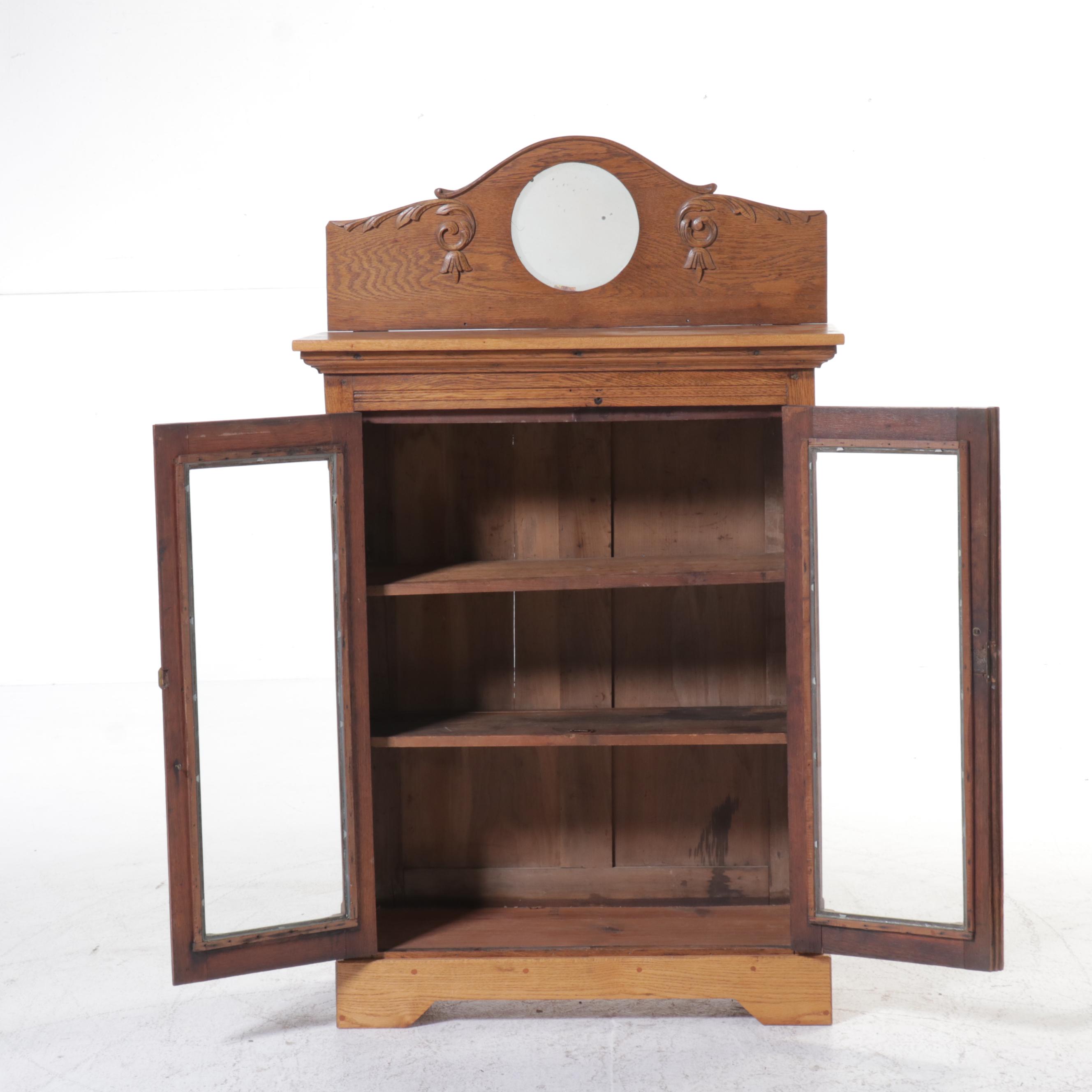 Late Victorian Oak Glass Front Cabinet, Late 19th/Early 20th Century