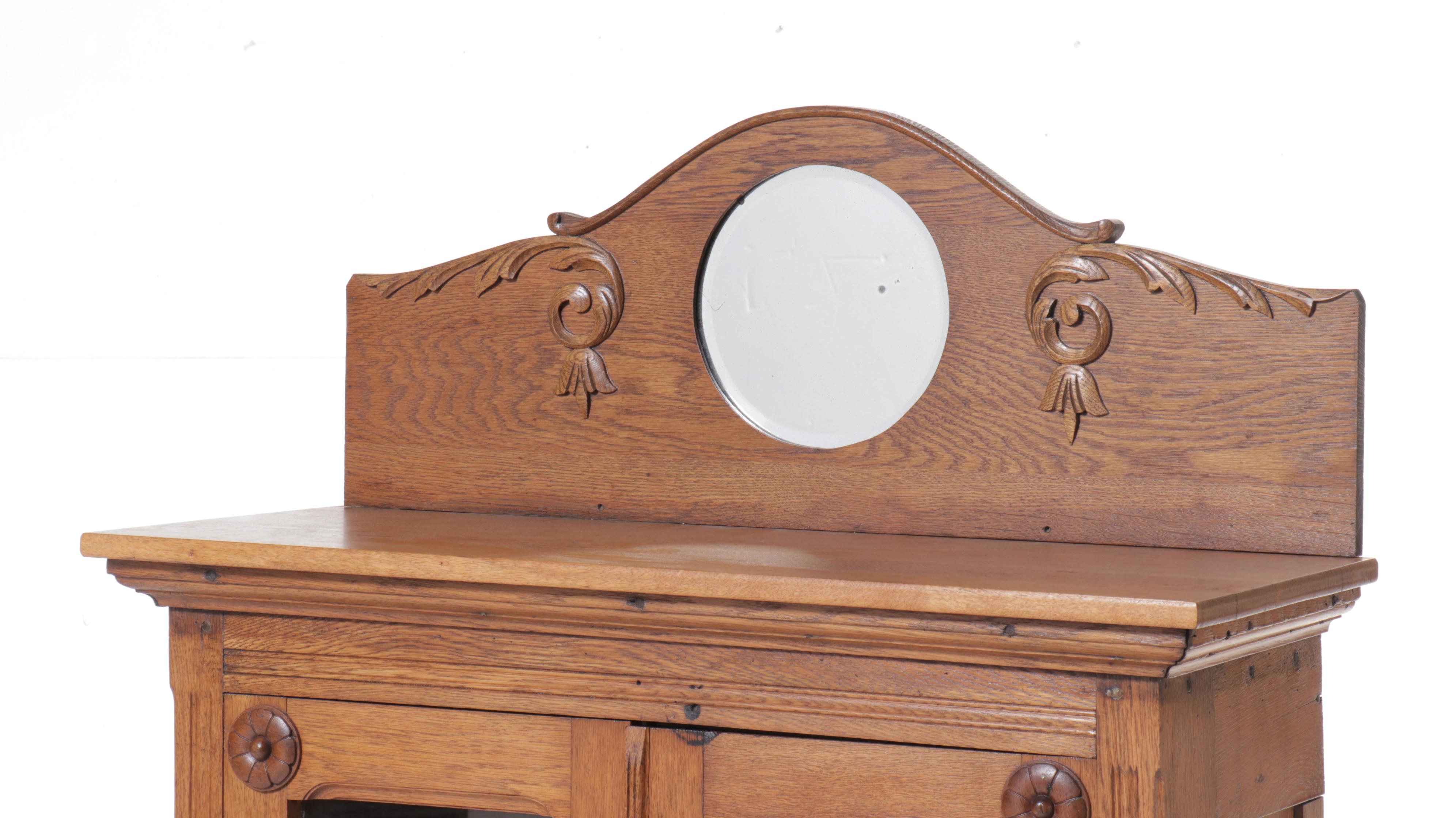 Late Victorian Oak Glass Front Cabinet, Late 19th/Early 20th Century