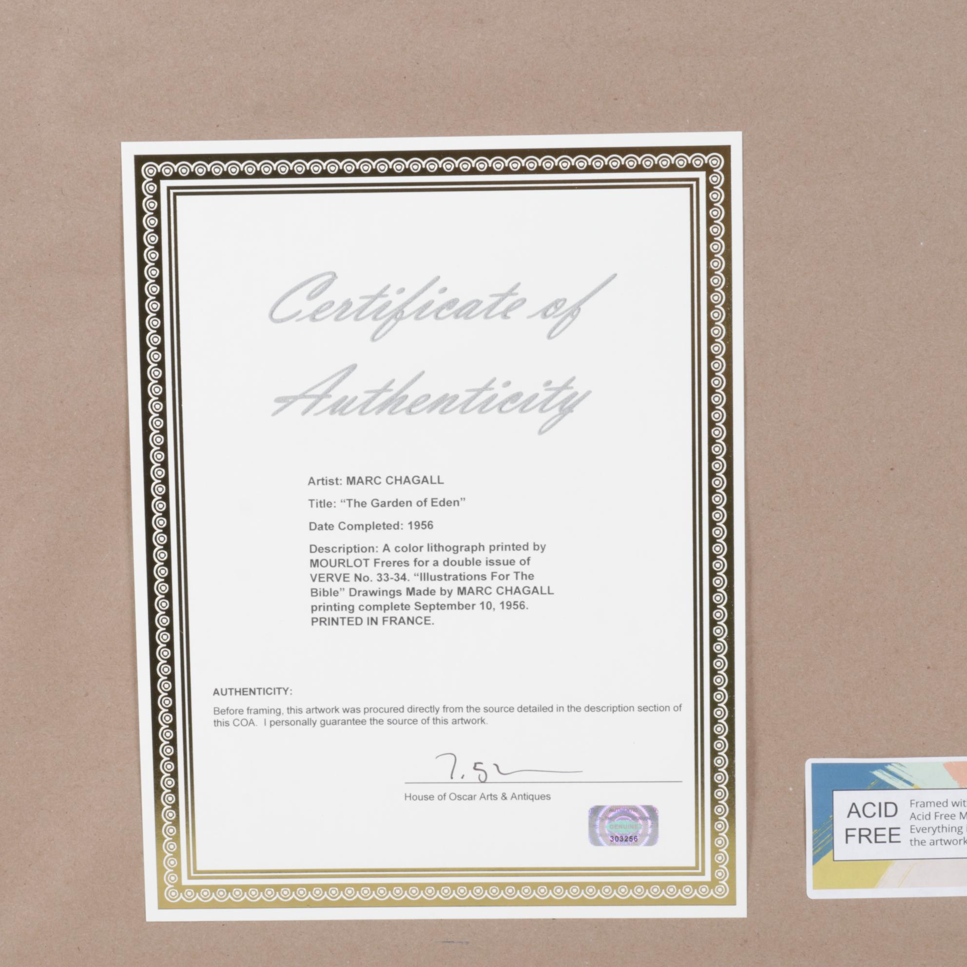 Marc Chagall Color Lithograph "The Garden of Eden"