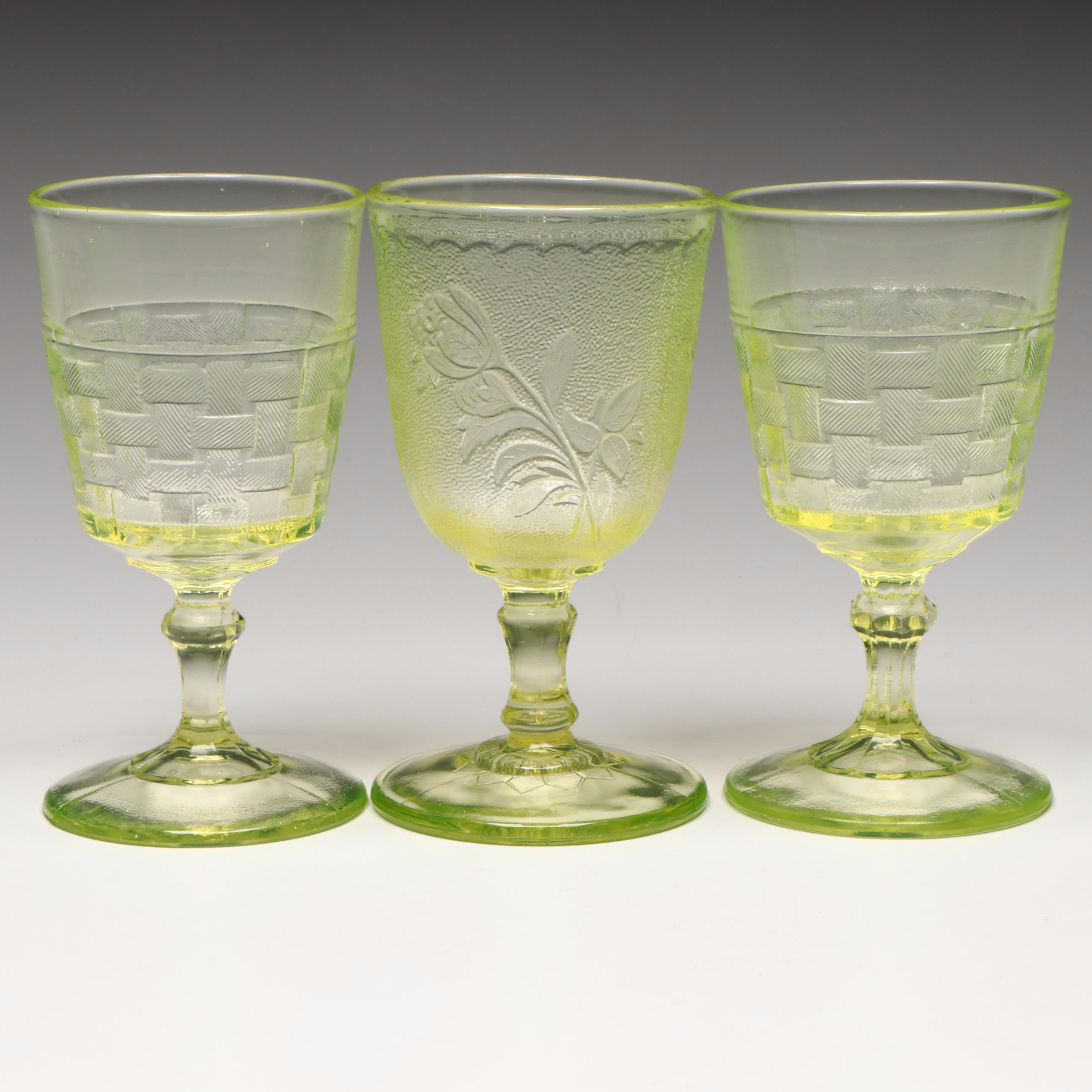 Vaseline Glass Basket Weave and Floral Water Goblets