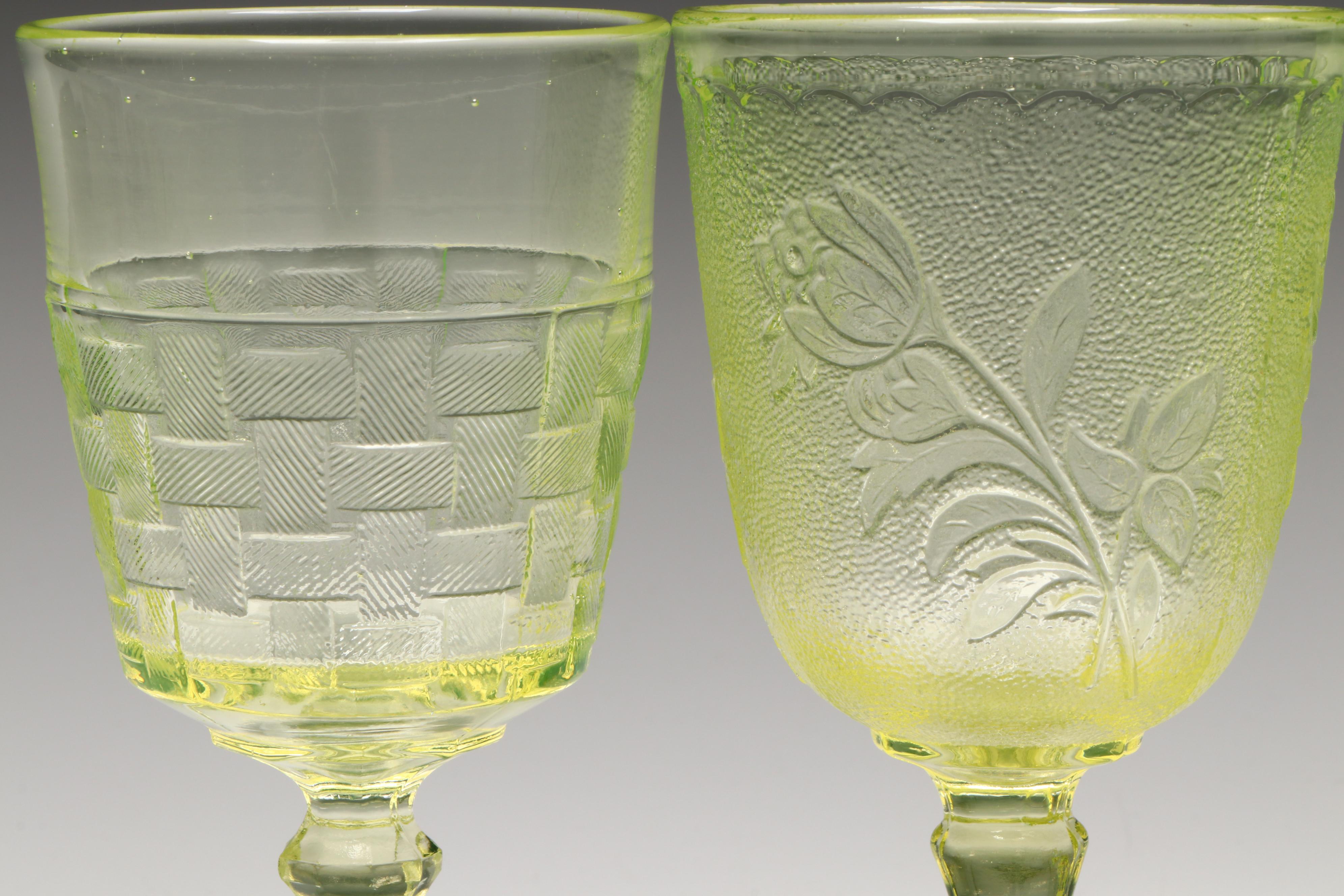 Vaseline Glass Basket Weave and Floral Water Goblets
