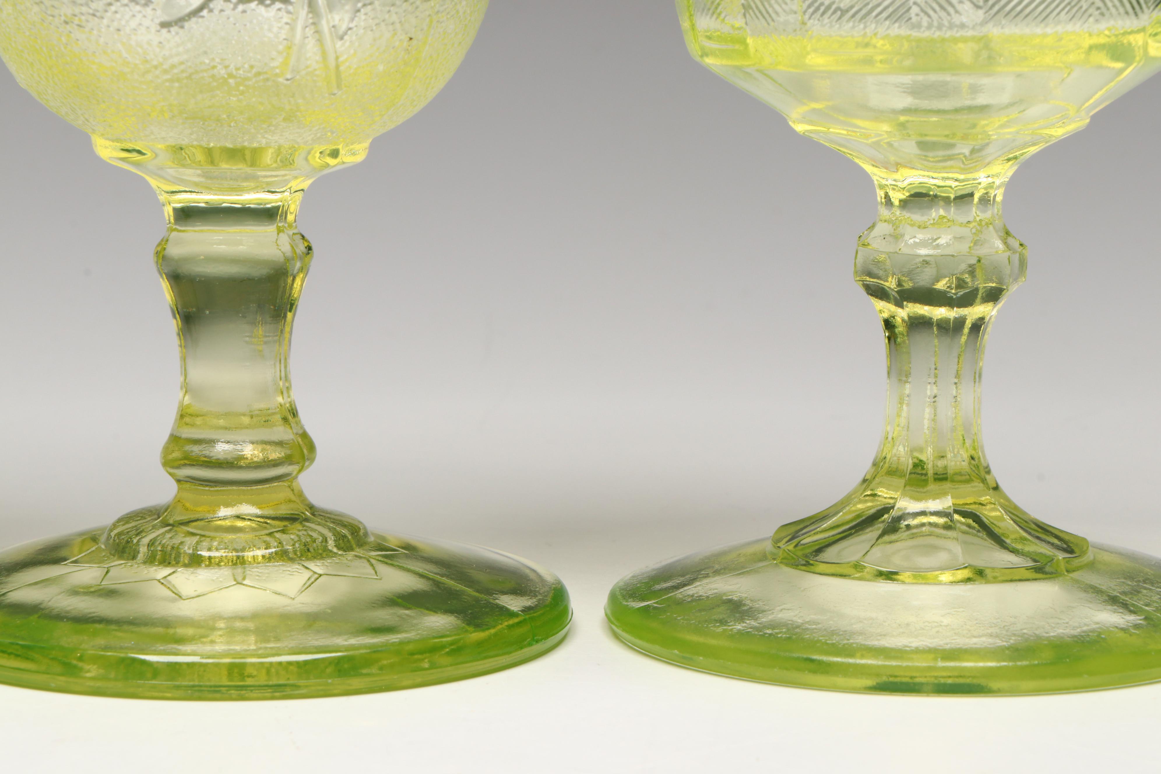Vaseline Glass Basket Weave and Floral Water Goblets