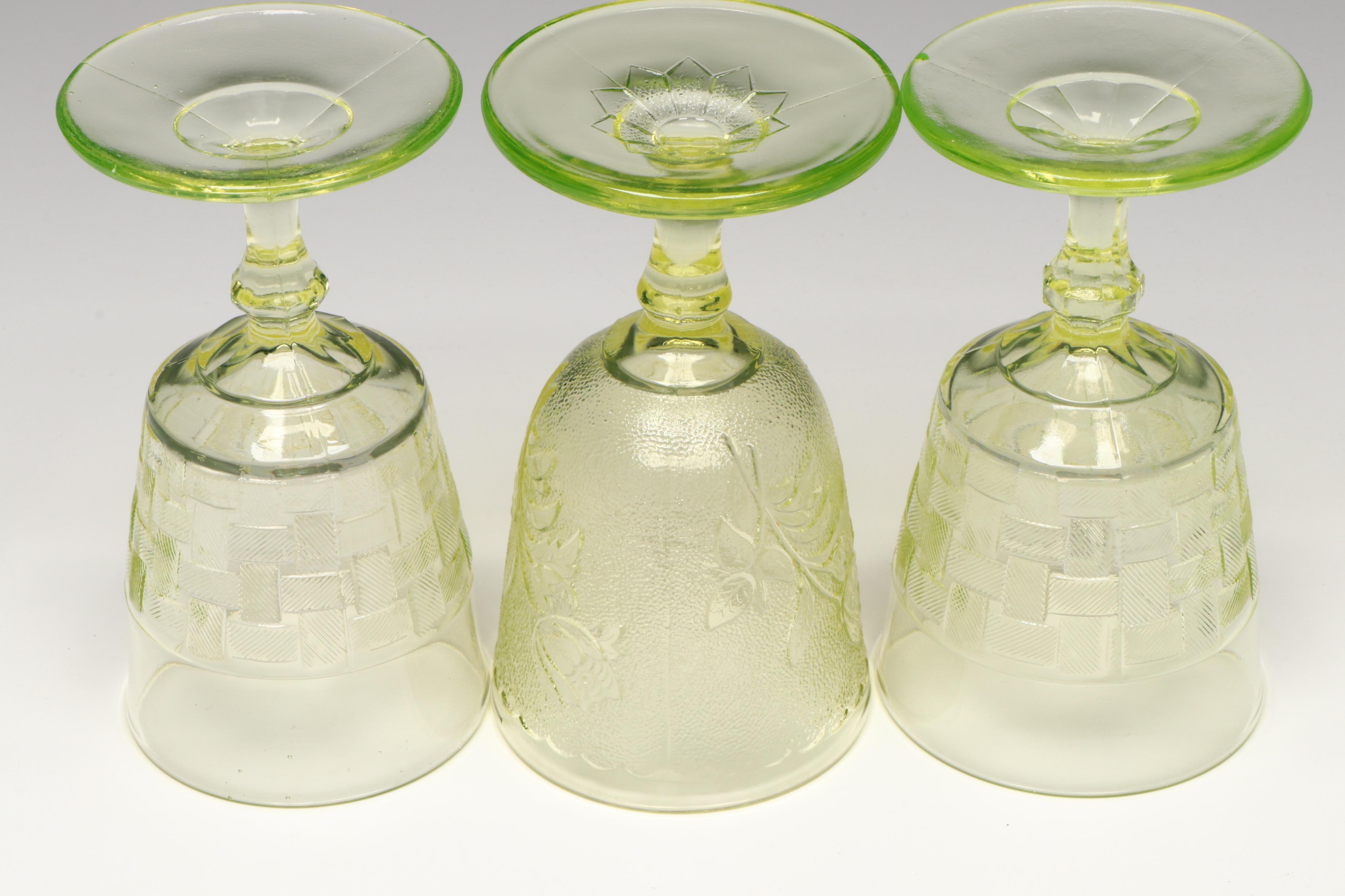Vaseline Glass Basket Weave and Floral Water Goblets