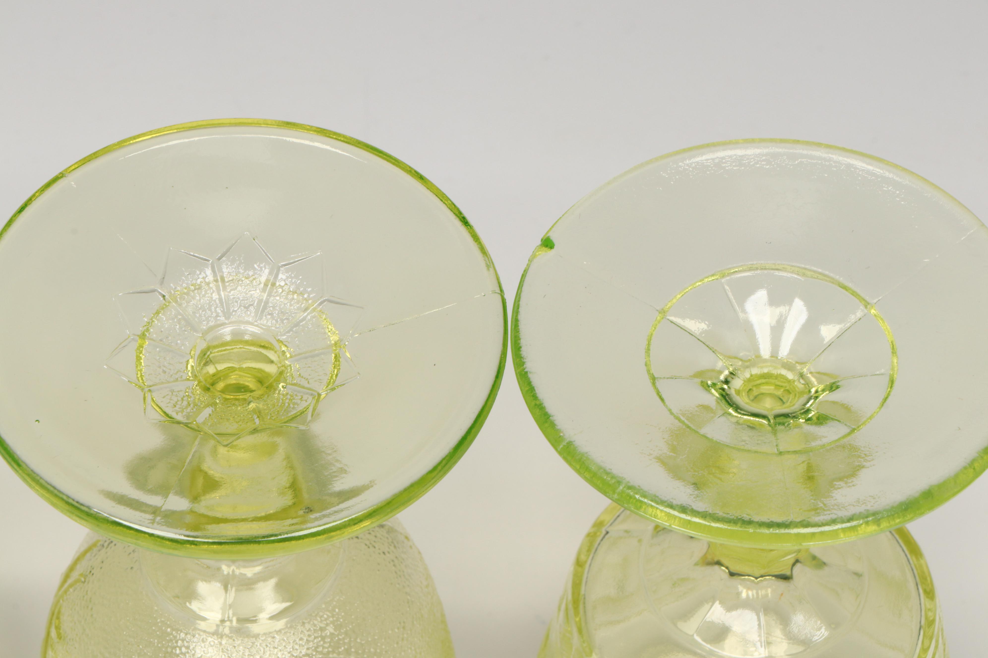 Vaseline Glass Basket Weave and Floral Water Goblets