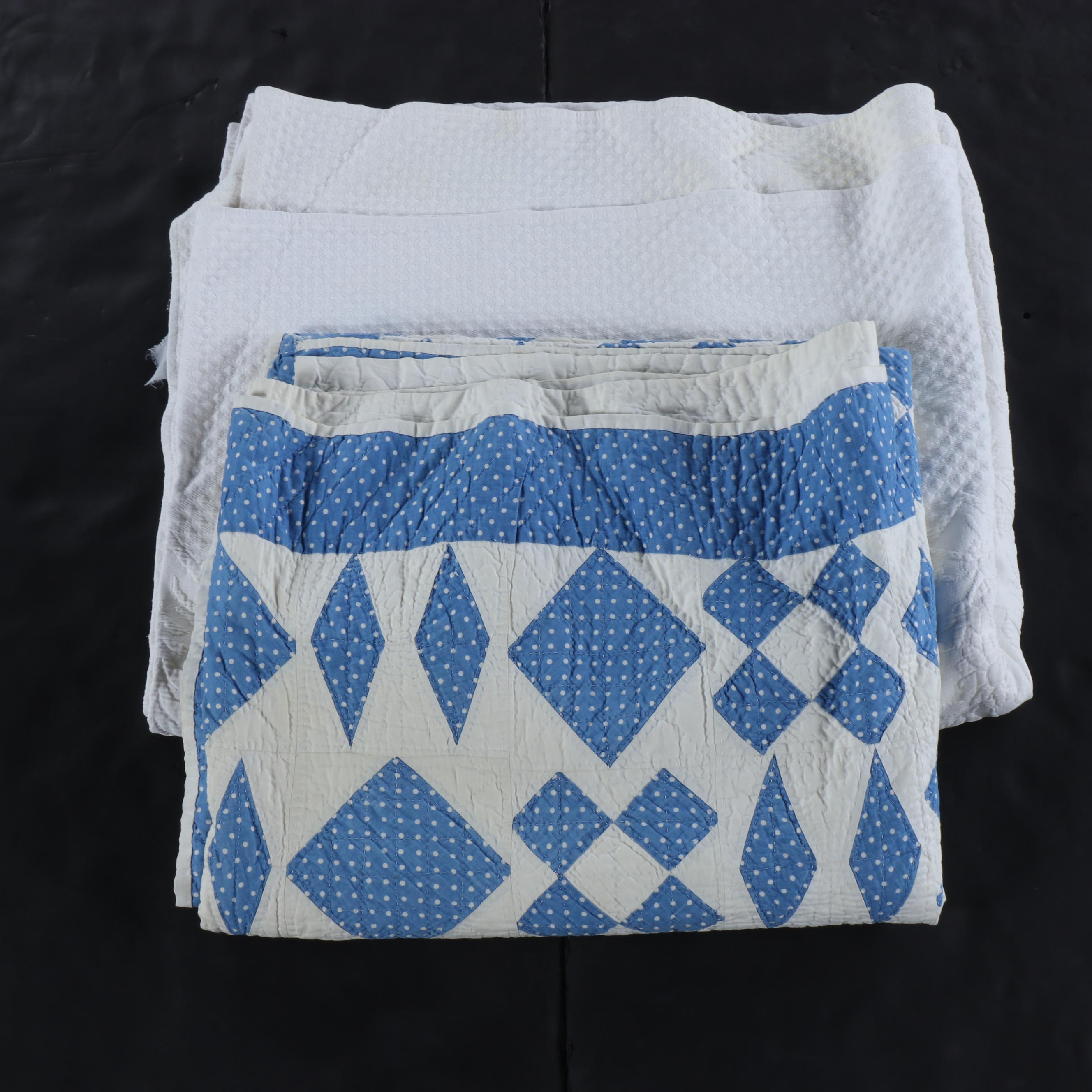 Handmade Blue and White Geometric Pieced Quilt with Cotton Blanket
