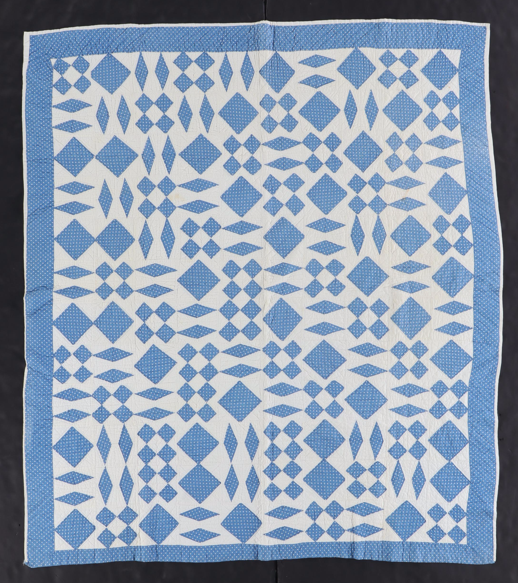 Handmade Blue and White Geometric Pieced Quilt with Cotton Blanket