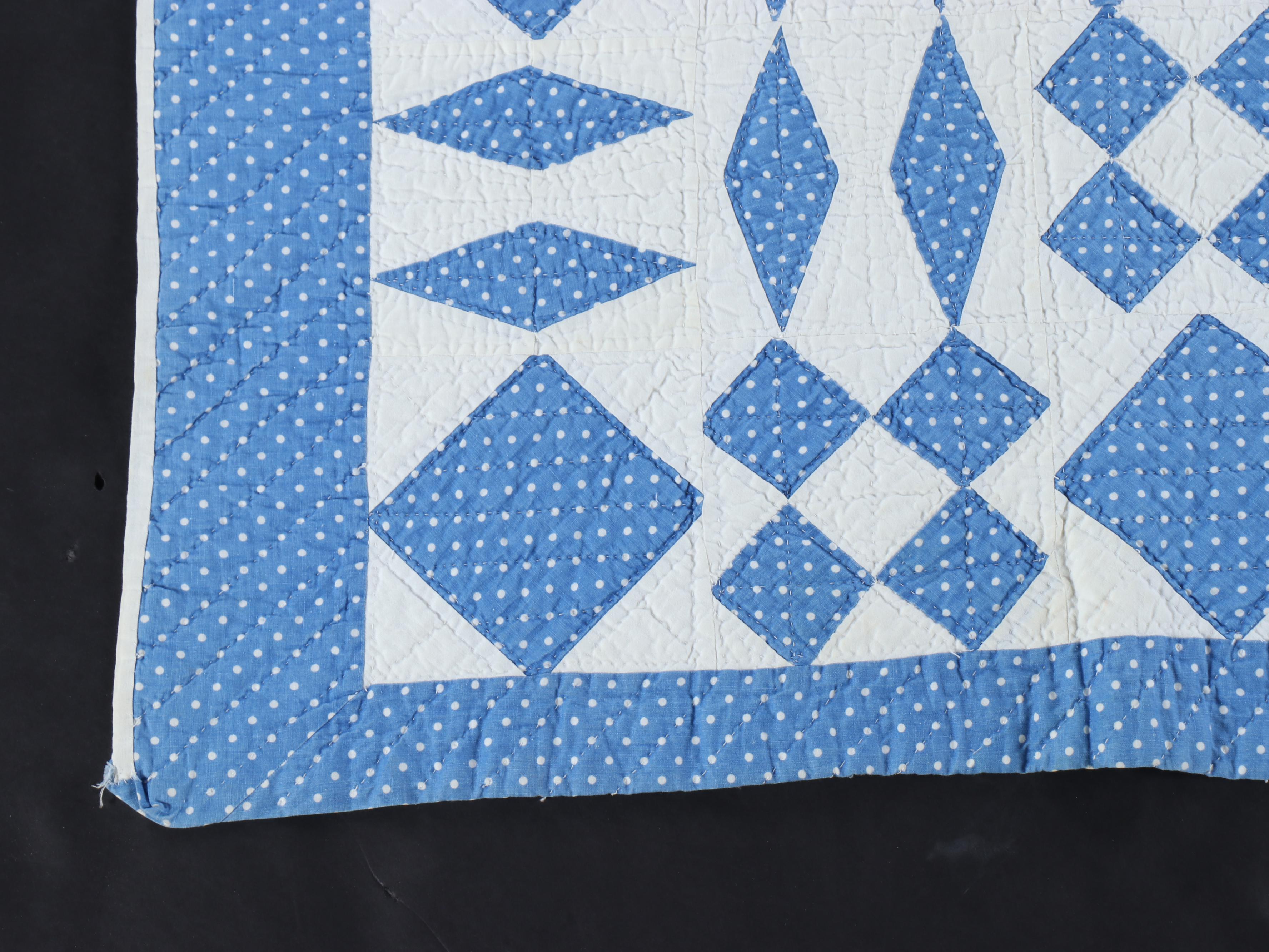 Handmade Blue and White Geometric Pieced Quilt with Cotton Blanket